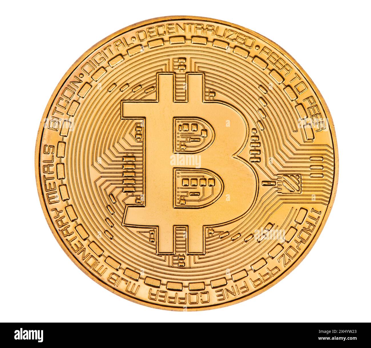 Kryptowährung Bitcoin eine Bitcoin Münze der virtuellen Kryptowährung isoliert über weißem Hintergrund *** Kryptowährung Bitcoin Eine Bitcoin-Münze der Th Stockfoto