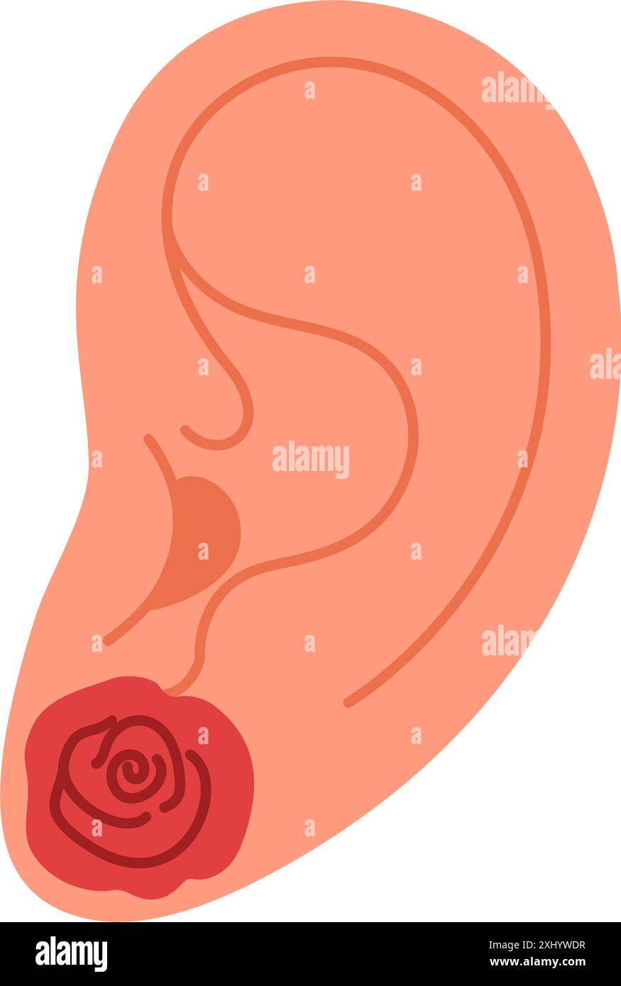 Ohr mit Ohrring. Durchstechen. Rosenohrring, Sommerblumenschmuck. Handgezeichneter trendiger, flacher Stil isolierter moderner Schmuck. Vektorabbildung Stock Vektor
