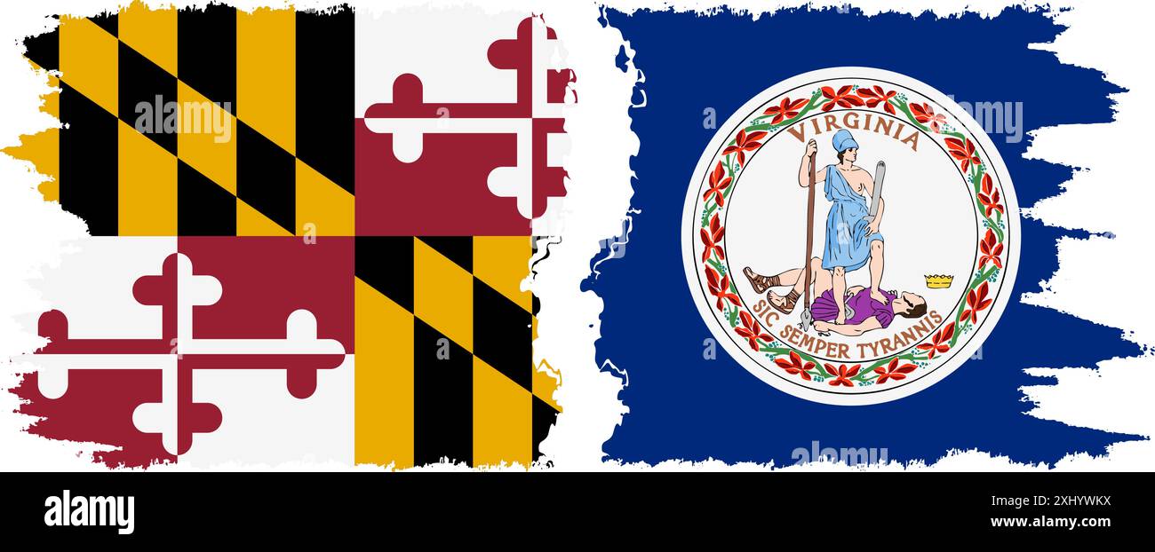 Virginia und Maryland staaten Grunge Pinsel Flags Verbindung, Vektor Stock Vektor