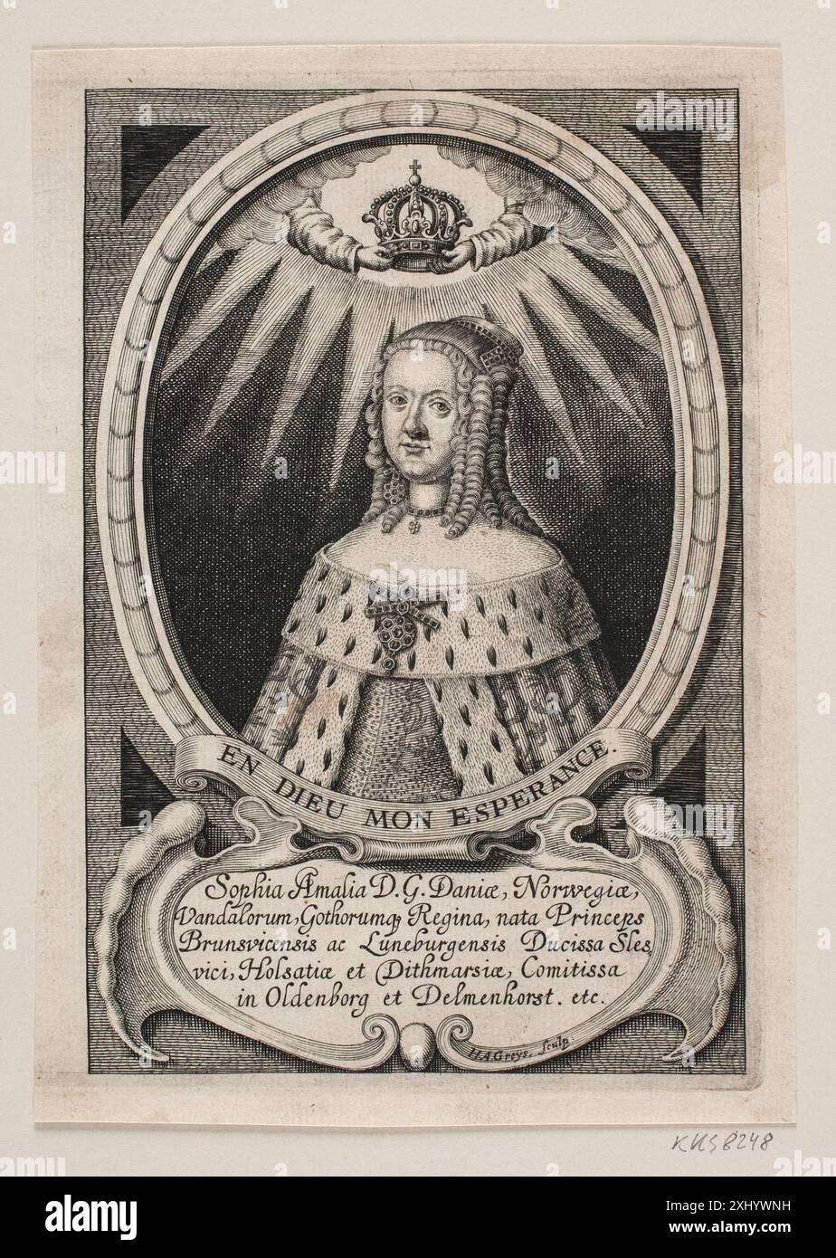 Kupferstich der Königin Sophie Amalie, Teil der dänischen königlichen Porträtsammlung von Hans Andreas Greys. Stockfoto