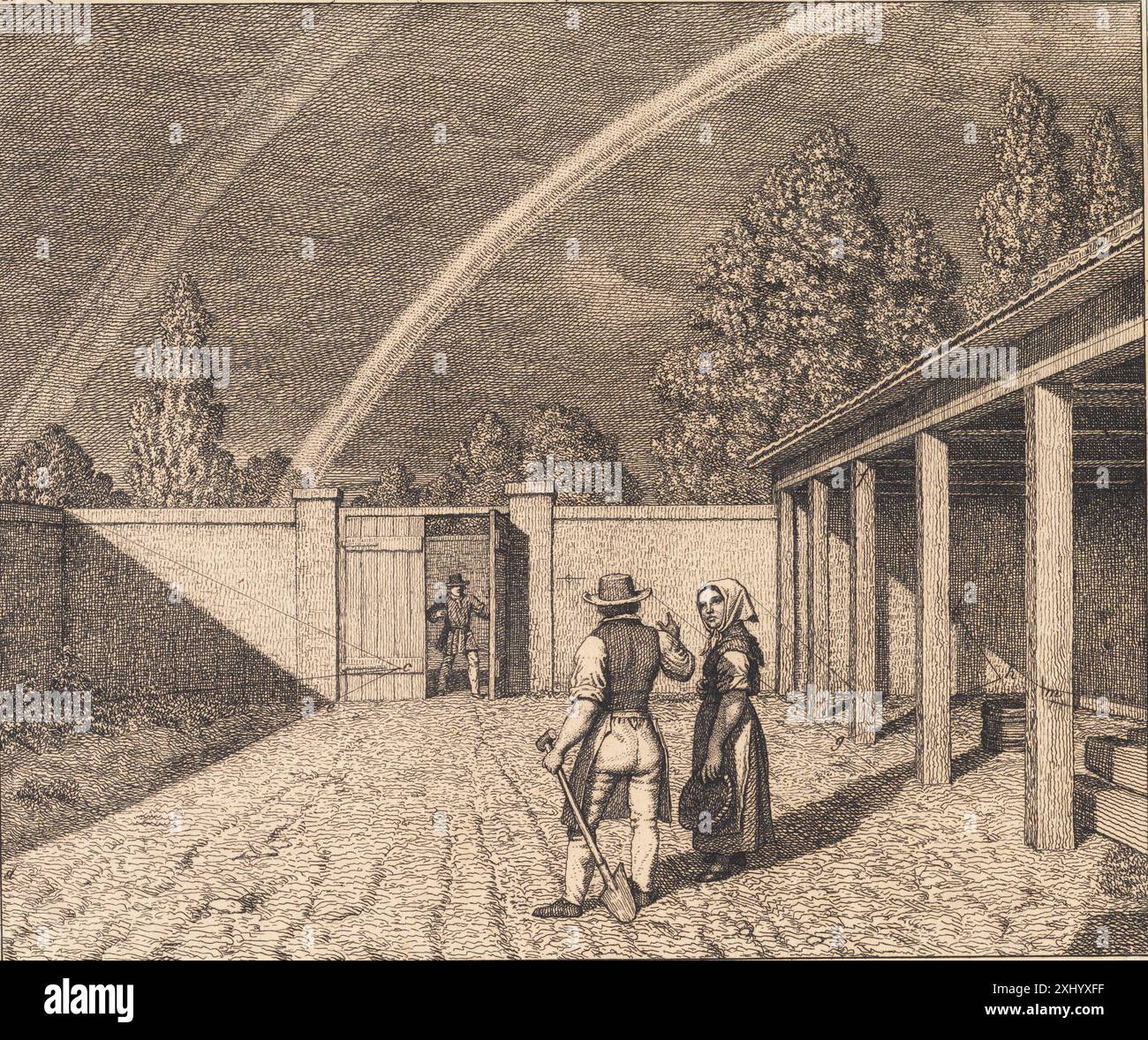 Ätzung von C.W. Eckersberg, die einen doppelten Regenbogen darstellt und eine lineare Perspektive mit Himmel, Wolken und Landschaftselementen veranschaulicht. Stockfoto