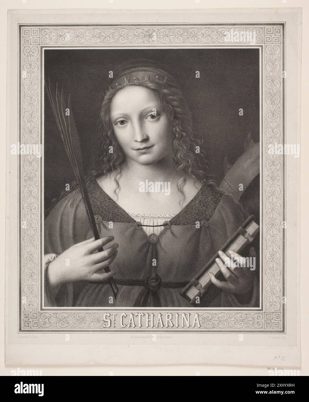 Lithografie von Peter Henrik Gemzøe nach Leonardo da Vinci und Bernardino Luini, die die hl. Katarina darstellt und Figur, Haltung, Vorhänge und Gesichtsausdruck im religiösen Portraitstil zeigt. Stockfoto