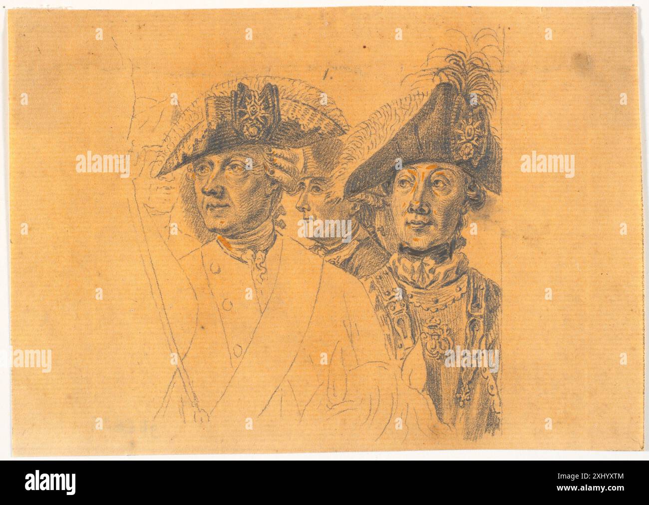 Vorbereitende Zeichnung für vier Köpfe in einem Stich, der Frederik den Großen Reithaus nach einer Revue in Potsdam darstellt, die J.F. Clemens zwischen 1748 und 1831 schuf. Stockfoto