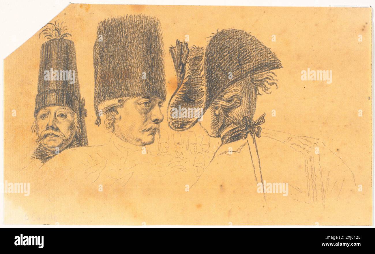 Zeichnung von J.F. Clemens mit vorbereitenden Studien von drei Köpfen für einen Druck, der Friedrich den Großen nach einer militärischen Rezension in Potsdam im 18. Bis 19. Jahrhundert zeigt. Stockfoto