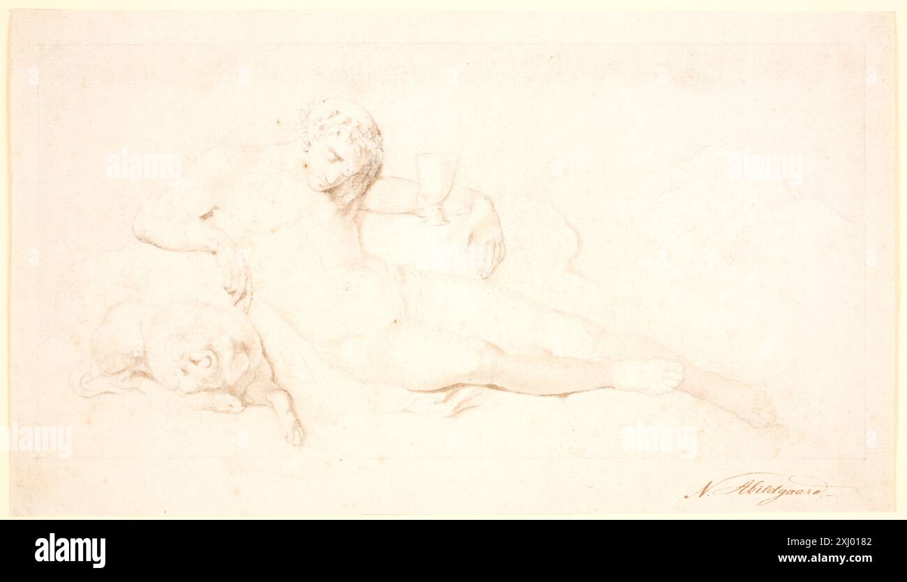 Eine Zeichnung von Nicolai Abildgaard, die einen Mann zeigt, der mit einem schlafenden Hund liegt und Haltung, Anatomie und Inneneinrichtung in Amalienborg zeigt. Stockfoto