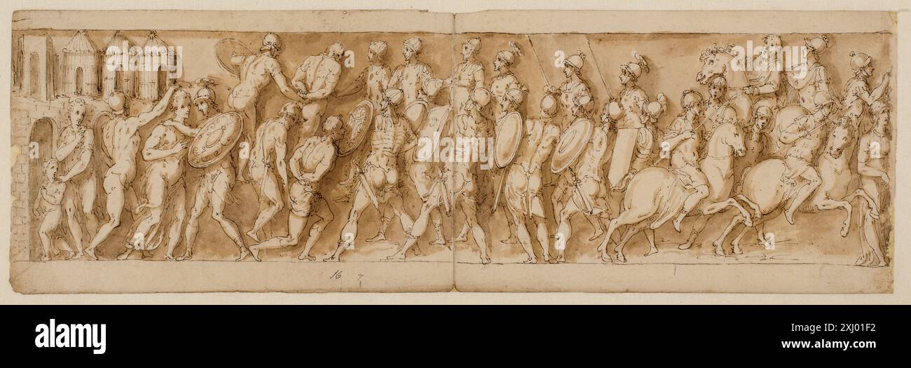 Die Abbildung zeigt sarmatische Führer, die überrascht gefangen genommen wurden, ihre Häuser von Römern verbrannt und die Ankunft von Legionären und dem Kaiser. Stockfoto