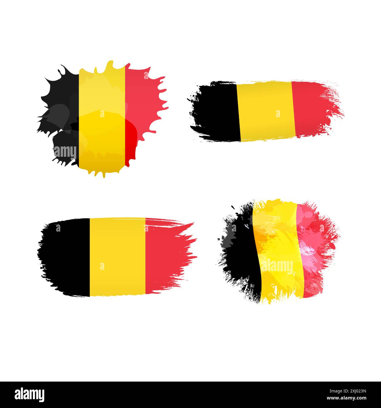Set mit belgischen Kreativflaggen. Embleme im Pinselstrich- und Grunge-Stil. T-Shirt und dekorative Elemente für Bekleidung. Willkommen bei Belgien Einladungssymbol Stock Vektor