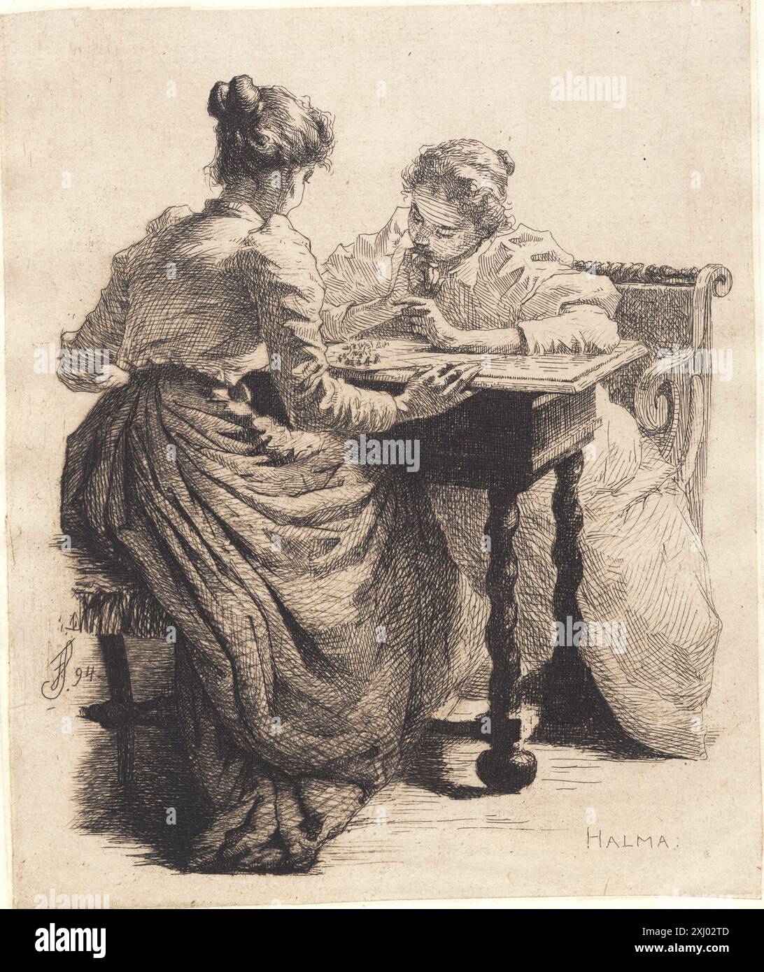 Radierung von Frans Schwartz, die Menschen, die Halma spielen, zeigt Spielbrett, Spieler und Interaktion. Stockfoto