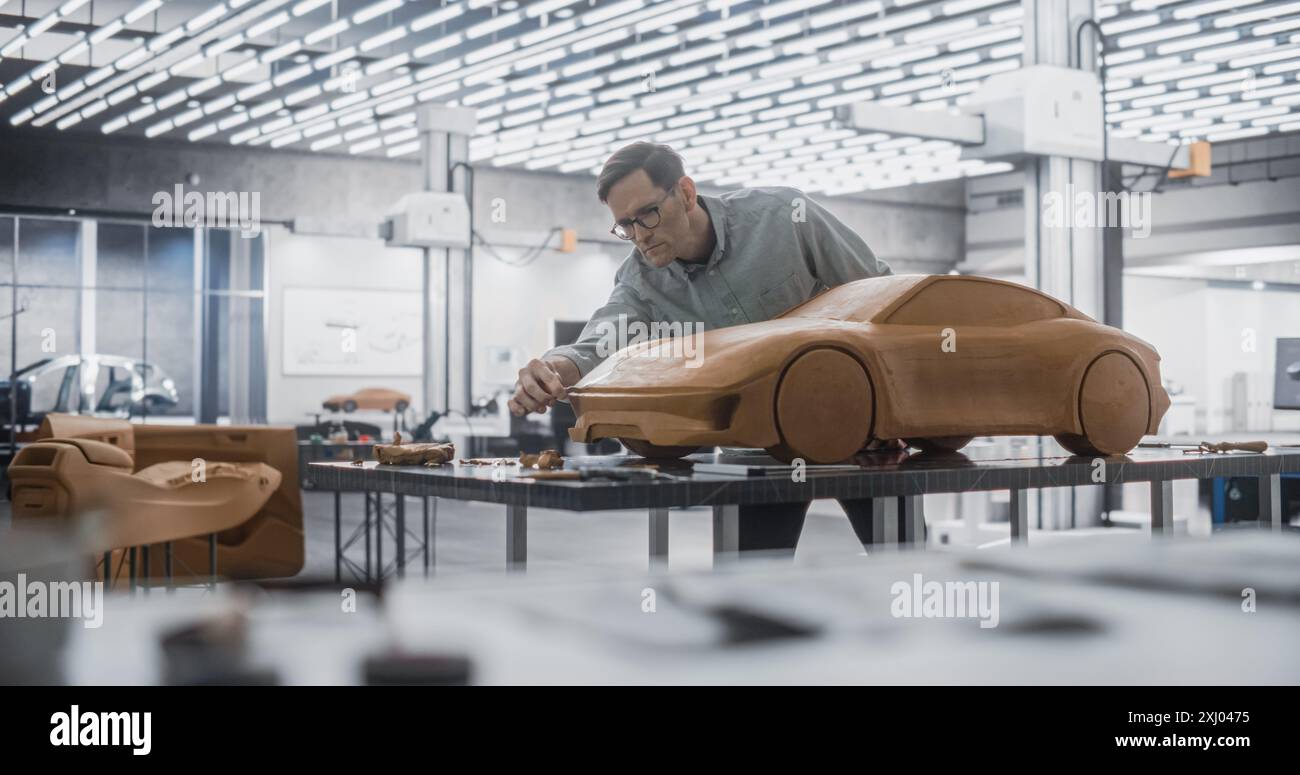 Automobilkünstler macht Schlussschläge über seine neueste Concept Car Creation. Konstrukteur arbeitet an einem neuen Prototyp, der ein 3D-Modell eines sportlichen Coupés für industrielle Plastilin Clay modelliert. Stockfoto