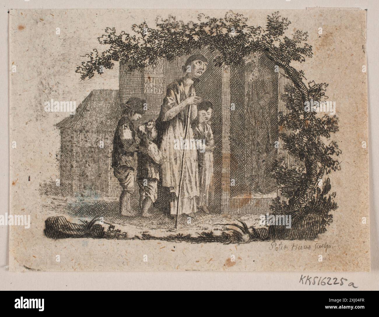 Kupferstichvignette von Peter Haas und Daniel Nikolaus Chodowiecki, die Sophies Reise von Memel nach Sachsen illustriert und Figuren, Landschaften und architektonische Elemente zeigt. Stockfoto