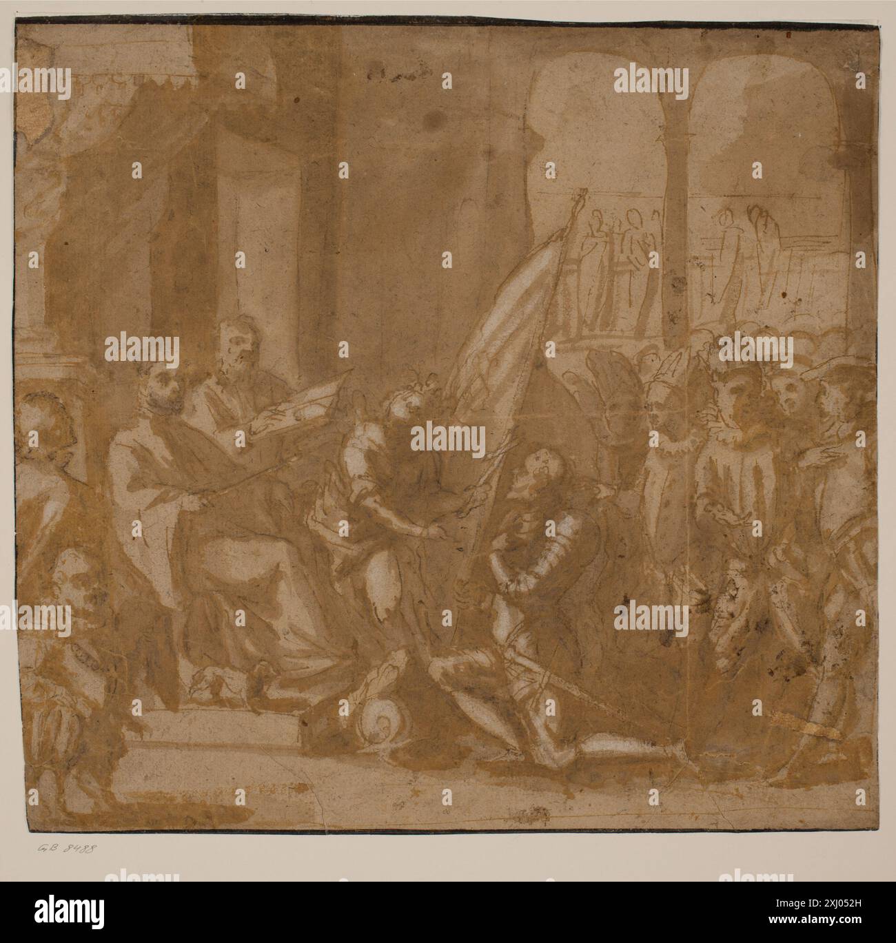 Venezianische Zeichnung eines Soldaten in Rüstung, der vor einem thronenden Prokurator kniet, Teil venezianischer Zeichnungen aus dem 16. Jahrhundert. Stockfoto