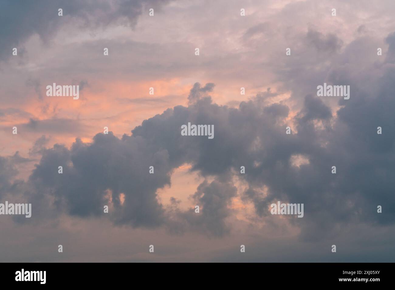 Wunderschöner Sonnenuntergangshimmel. Wolken bei Sonnenuntergang. Große rosa Wolken, Panoramablick Stockfoto