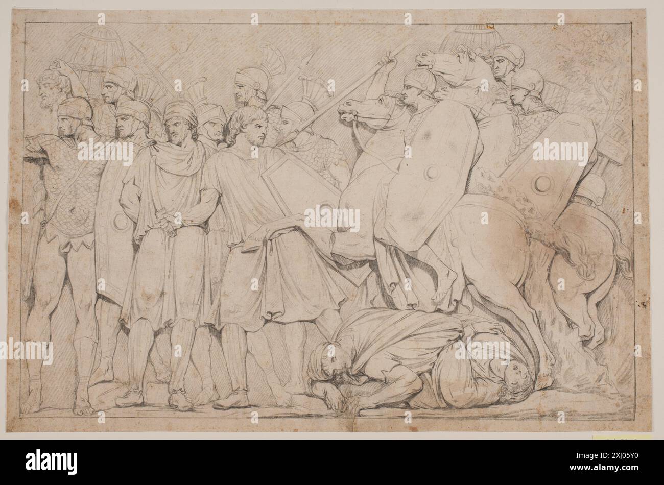 Eine Zeichnung von Jacques Francois Joseph Saly, die Helmsoldaten zeigt, von denen einige in Rüstung mit Speeren und Schilden mit Barbaren in der Schlacht verwickelt sind. Stockfoto