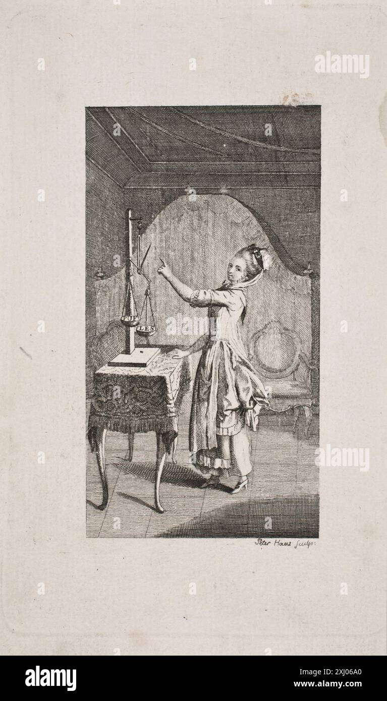 Kupferstich von Peter Haas und Daniel Nikolaus Chodowiecki (1754-1804; 1726-1801) mit einer Vignette für „Sophies Reise von Memel nach Sachsen“, mit Komposition und Gravurdetails. Stockfoto