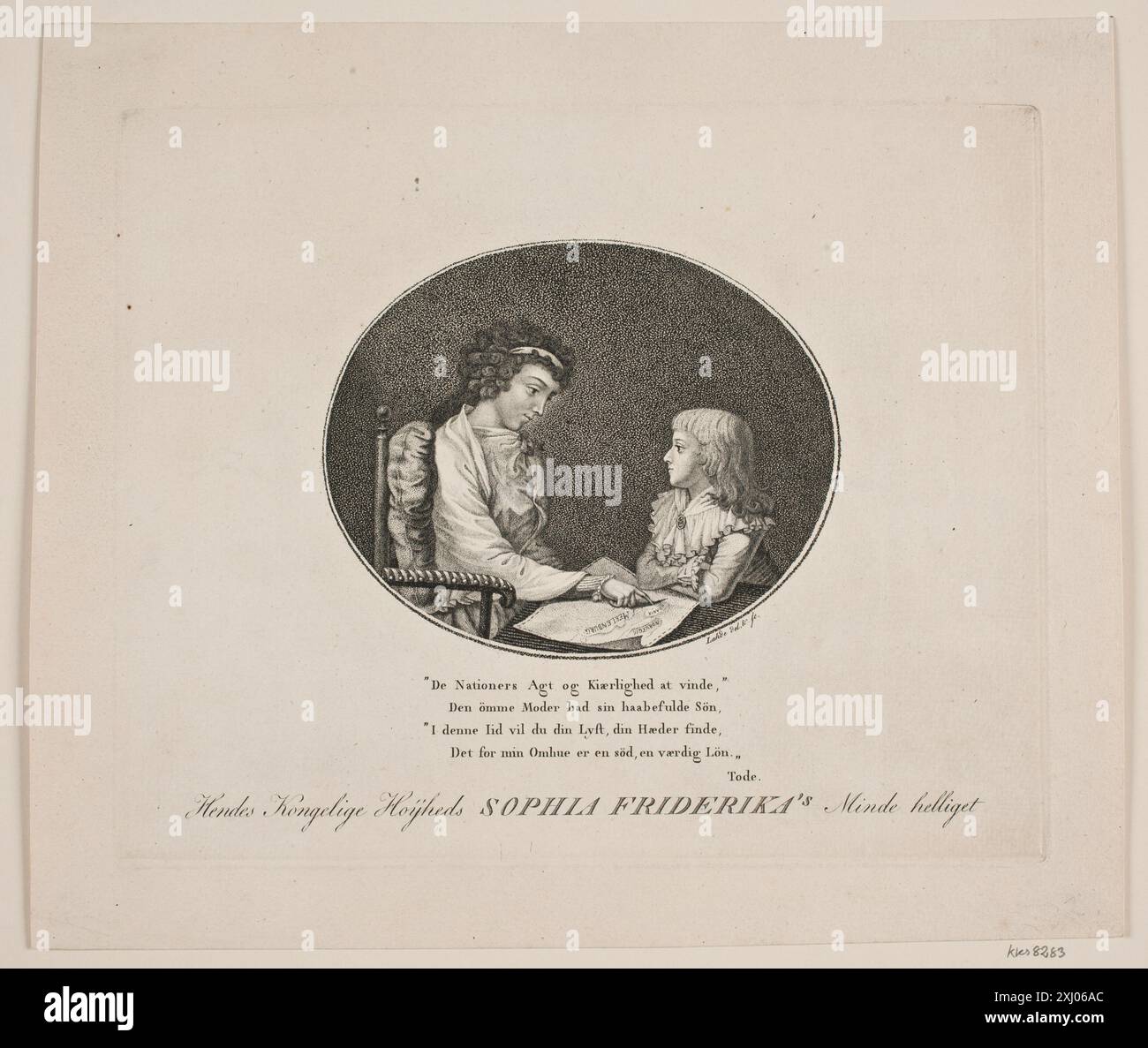 Eine Radierung von Gerhard Ludvig Lahde (1765–1833), die Königin Sophia Friderika von Dänemark mit dem Erbprinzen darstellt. Das Werk ist Teil von A. Strunks deskriptivem Katalog dänischer Königspilze aus dem Jahr 1882. Stockfoto