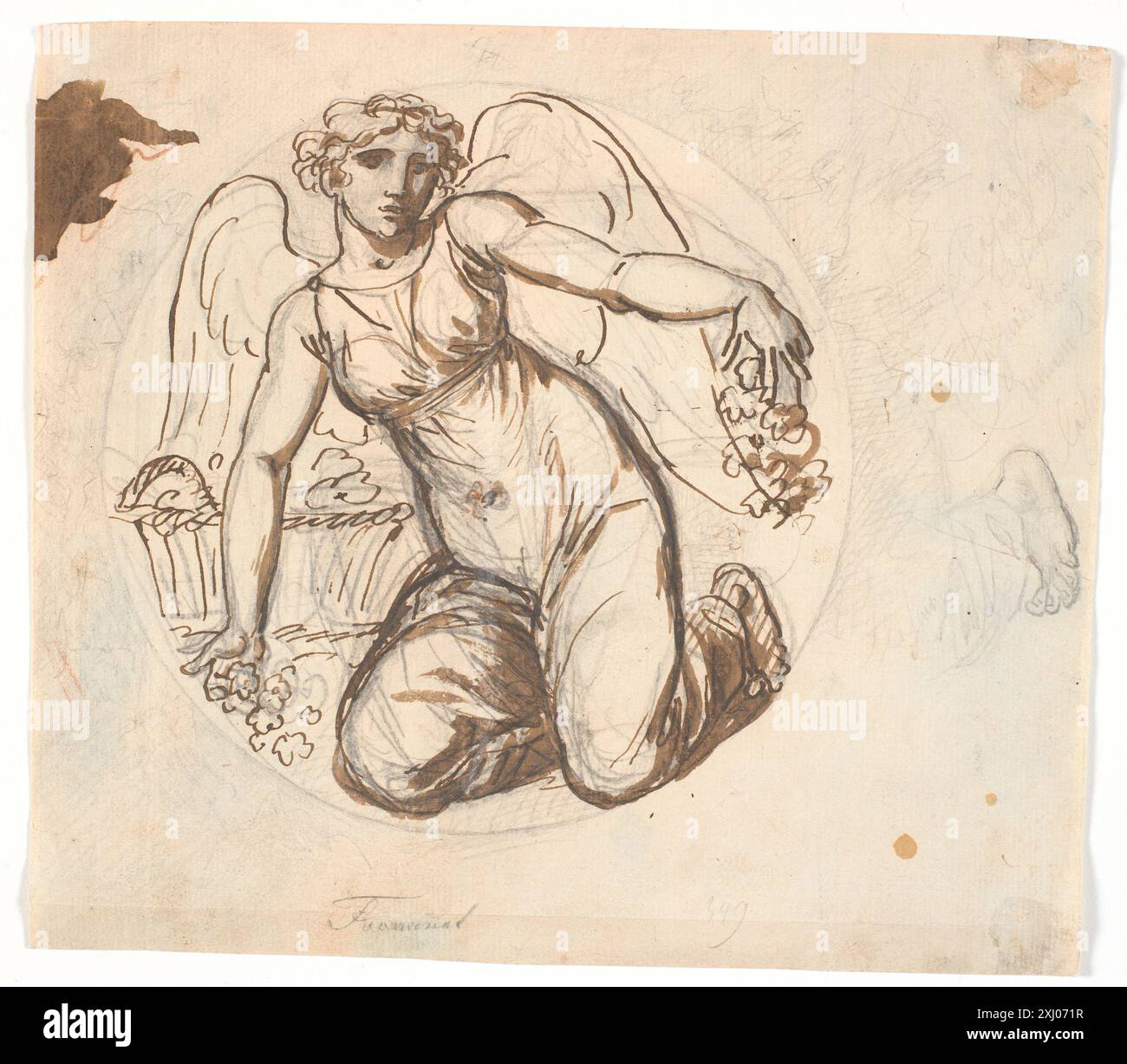 Zeichnung von Nicolai Abildgaard, die eine geflügelte weibliche Figur in einem kreisförmigen Feld darstellt, wobei der Schwerpunkt auf einer detaillierten Untersuchung des linken Fußes der Figur liegt. Stockfoto