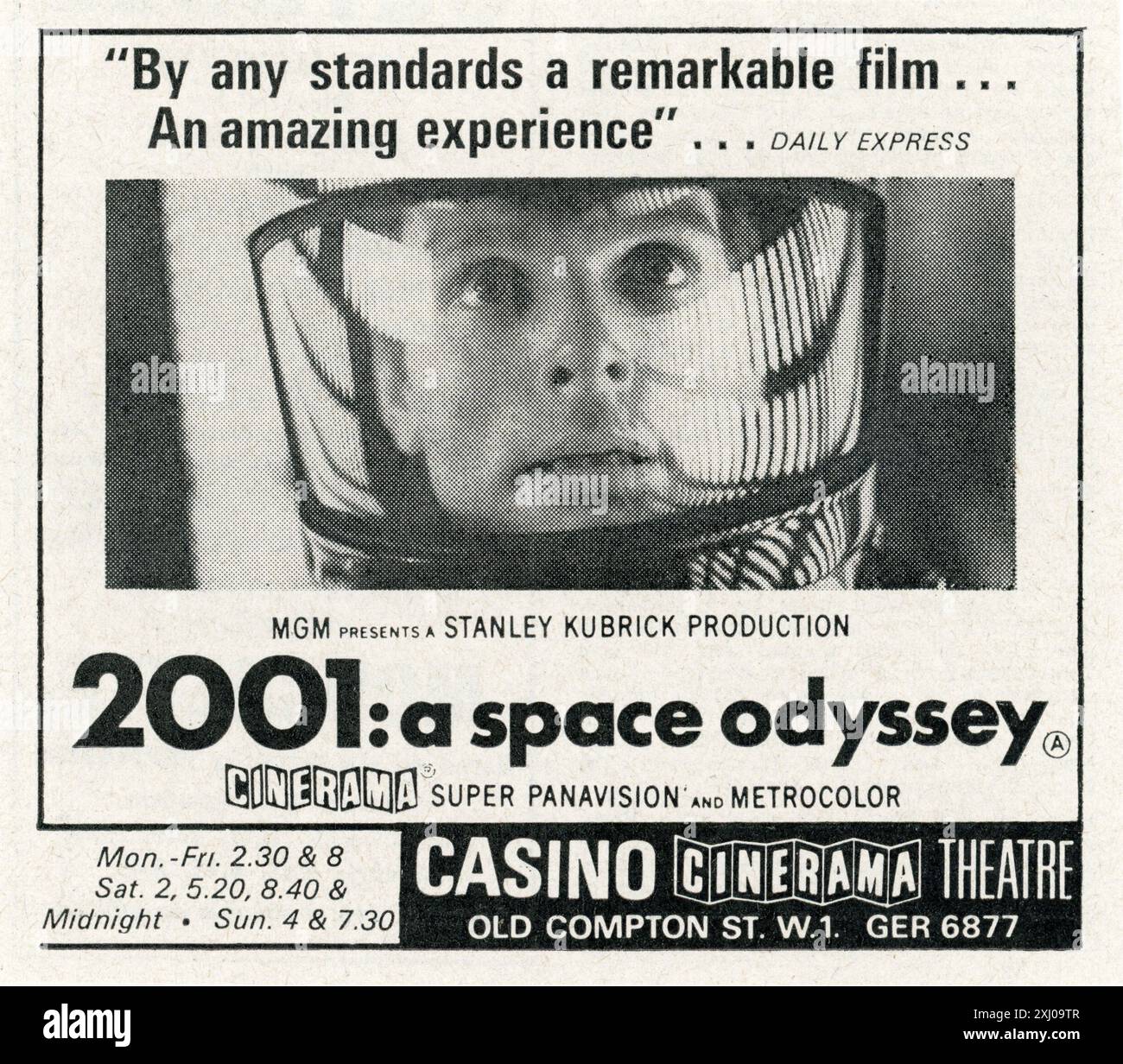 Magazin Ad zur Premiere im CASINO CINERAMA THEATRE, London von KEIR DULLEA 2001 : A SPACE ODYSSEY 1968 Regisseur/Produzent STANLEY KUBRICK Drehbuch Arthur C. Clarke und Stanley Kubrick Metro Goldwyn Mayer Stockfoto