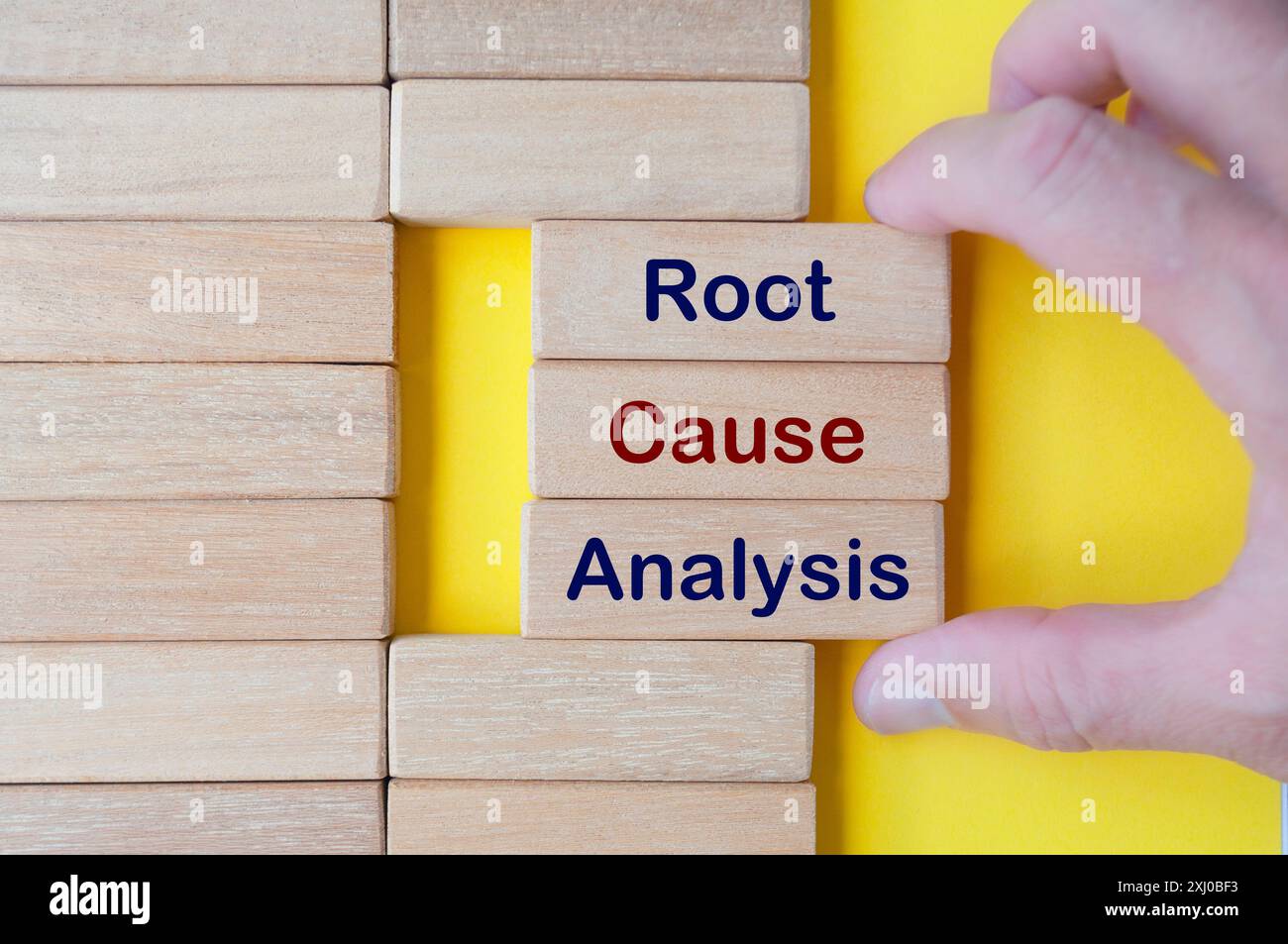 Hand hält Holzblöcke mit Text zur Ursachenanalyse auf gelbem Deckbund. Stockfoto