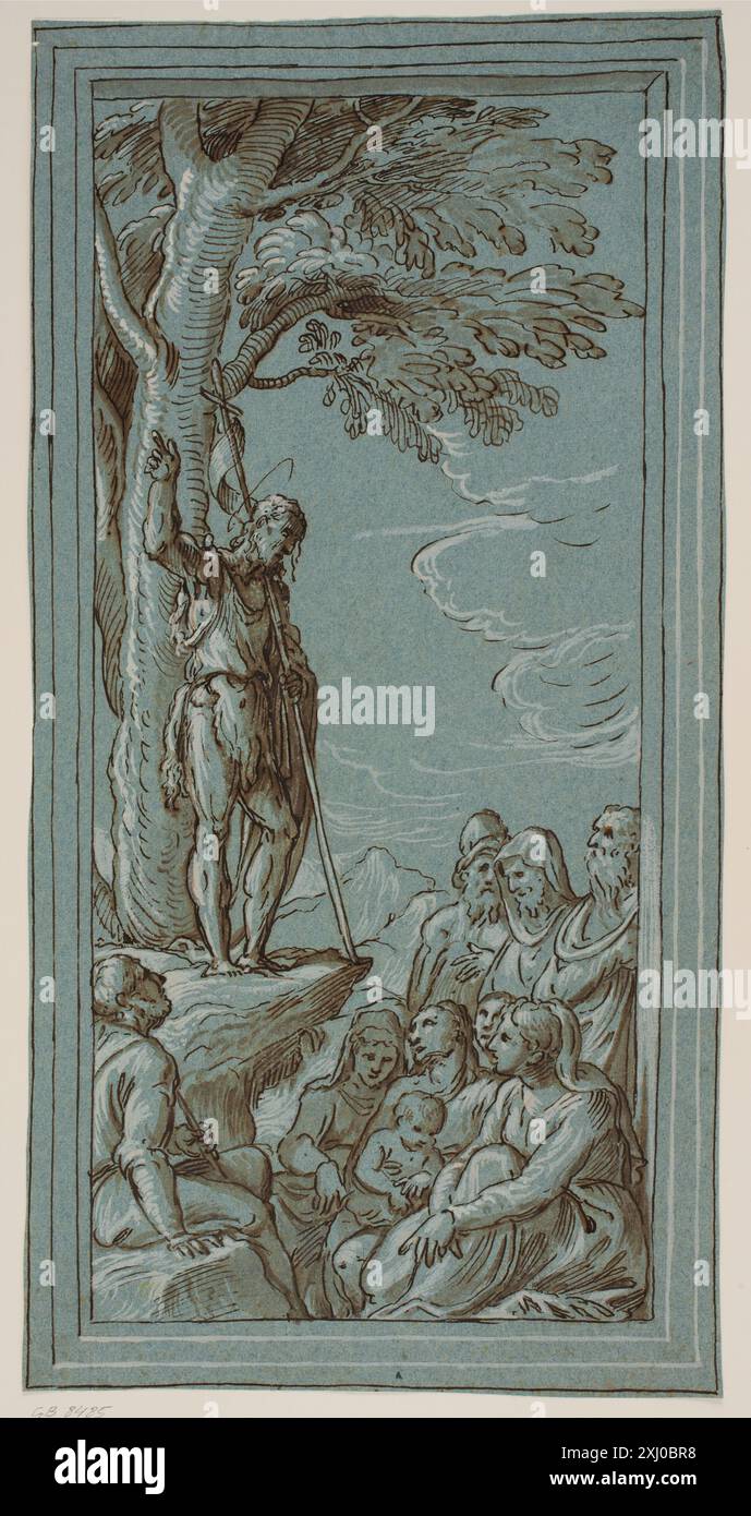 Diese Zeichnung von Domenico Campagnola zeigt Johannes den Täufer, der in einer Wüstenlandschaft predigt und Gesten, Kleidung und karge Umgebung zeigt. Stockfoto