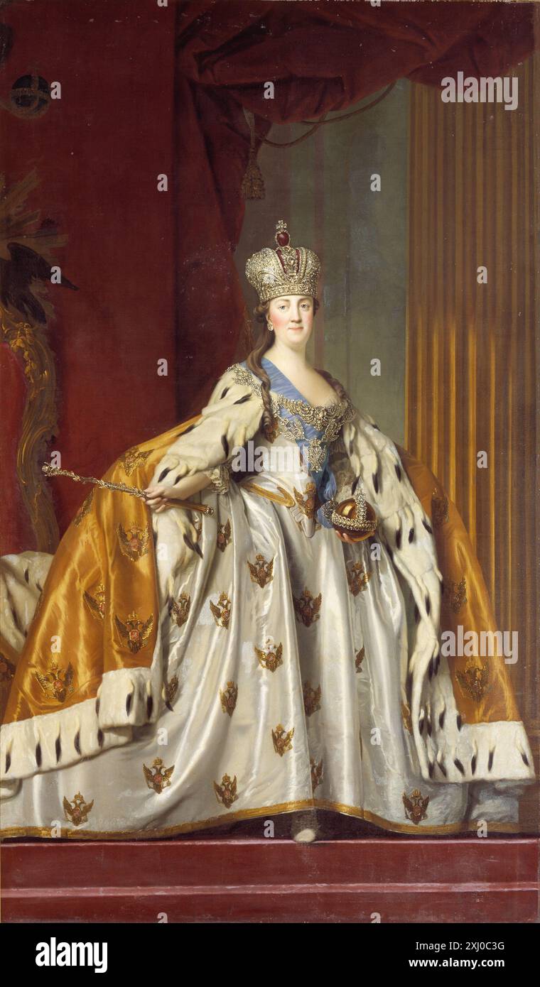 Dieses Porträt von Vigilius Eriksen (1722–1782) zeigt Katharina II. Von Russland in ihrer Krönungskleidung, die königliche Insignien und Porträts aus dem 18. Jahrhundert hervorhebt. Stockfoto