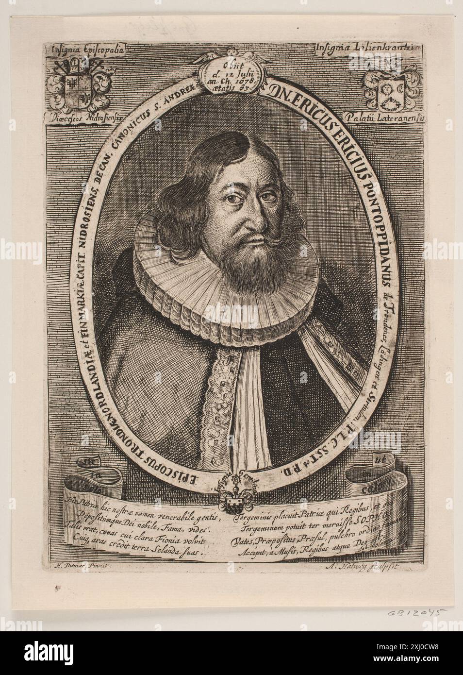 Erik Pontoppidan Haelwegh, Albert 1598 - 1673, Dittmers, Heinrich 1623 - 1677 Kupferstich, Druck Kobberstikkeren Albert Haelwegh, Jørgen Sthyr, Nr. 286, 14099, 1938. Danske portrætter i kobberstik, litografi og træsnit: en beskrivende fortegnelse, P.B.C. Westergaard, Nr. 9122, C 3997:1-2 da, 1930-1933 Erik Pontoppidan Stockfoto