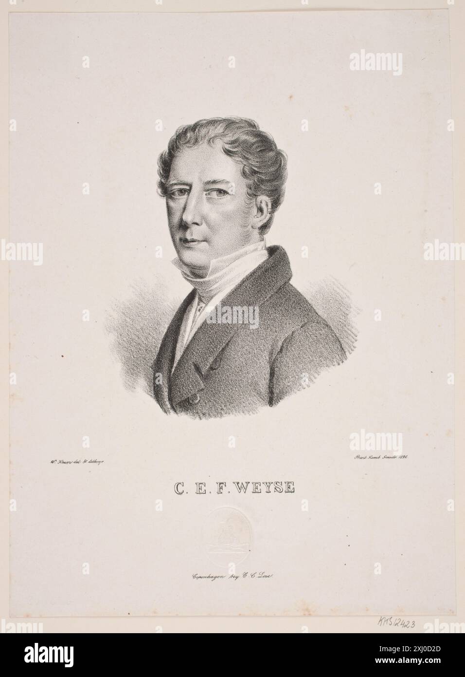 C. E. F. Weyse Heuer, Wilhelm 1786 - 1856, C. C. lose 1815 - 1820 Lithograph, Print Danske portrætter i kobberstik, litografi og træsnit: en beskrivende fortegnelse, P.B.C. Westergaard, Nr. 12933, C 3997:1-2 da, 1930-1933. Samlinger til en beskrivende Catalog over Portraiter af Danske, Norske og Holstenere, A. Strunk, Nr. 3236b, 2303, 1865-1882. Tidsskrift für Kunstindustri, Ubekendt, 1896, S.141, 3862, 1885-1899 C. E. F. WEYSE Stockfoto