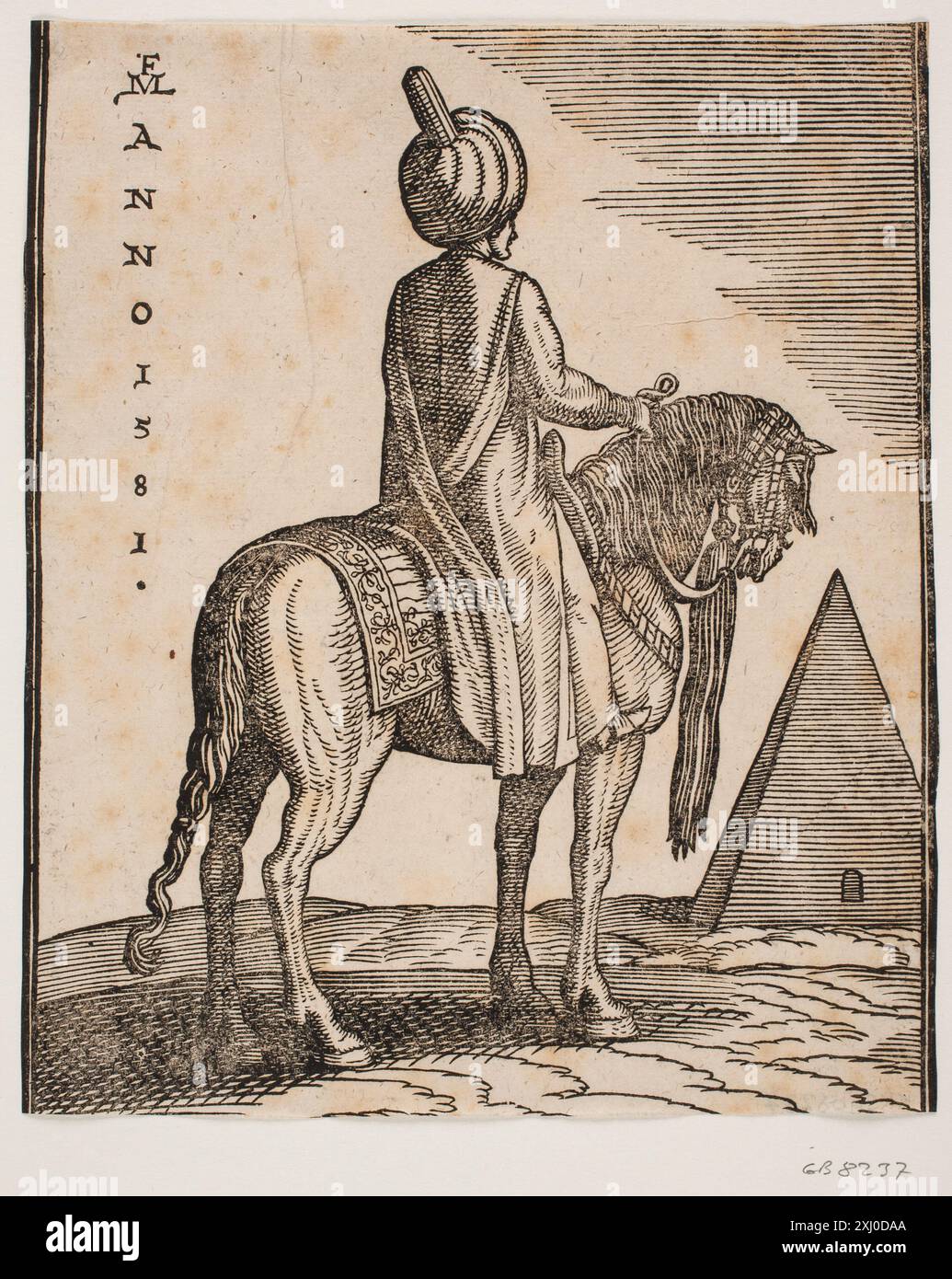 Turban-tragender, unbewaffneter Reiter schräg von hinten gesehen; T. H. im Hintergrund eine Pyramide Lorck, Melchior 1526 - 1583 Holzschnitt, Print die Monogrammisten und die jenigen bekannten und unbekannten Künstler aller Schulen, welche sich zur Bezeichnung Ihrer Werke eines figürlichen Zeichens, der Initialen des Namens, der Abbreviatur desselben &c. Bedient haben, G. K. Nagler, 64, 2298, 1858-1879. Melchior Lorichs: Ein Beitrag zur deutschen Kunstgeschichte des 16. Jahrhundert, Hans Harbeck, 52, 8050, 1911. Melchior Lorck, Erik Fischer, die türkische Publikation Nr. 62, C 46095, 2009 Turbanbærende, Donau Stockfoto