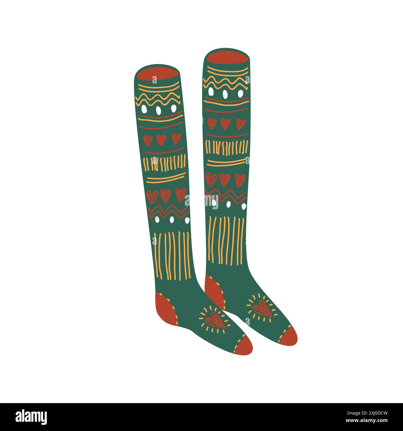 Socken mit Feen-Wollmuster, kuscheliges Herbst- oder Weihnachtskonzept. Weihnachtsstrumpf. Lustige warme Baumwollsocken mit Linien und Herzen, Vektor-Illustration Stock Vektor