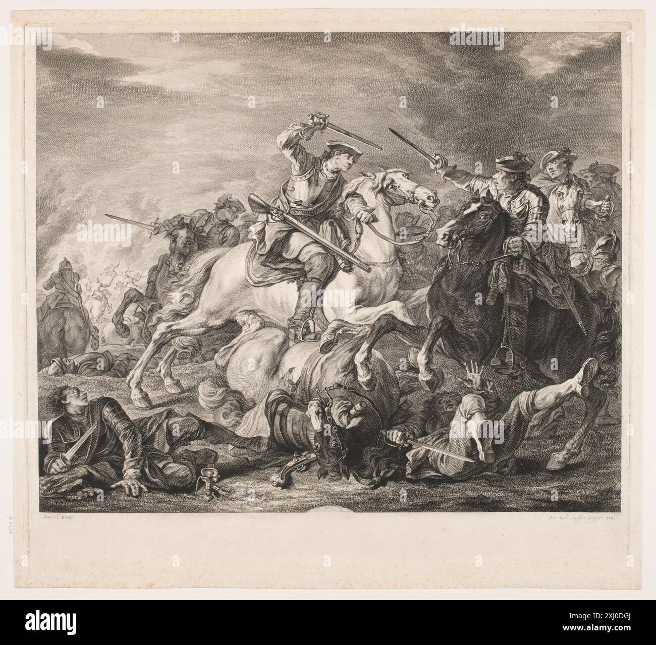 Ein Kupferstich von Johan Martin Preisler und Charles Parrocel zeigt zwei Reiter im Kampf, die sich auf Reittechniken und dynamische Bewegungen konzentrieren. Stockfoto