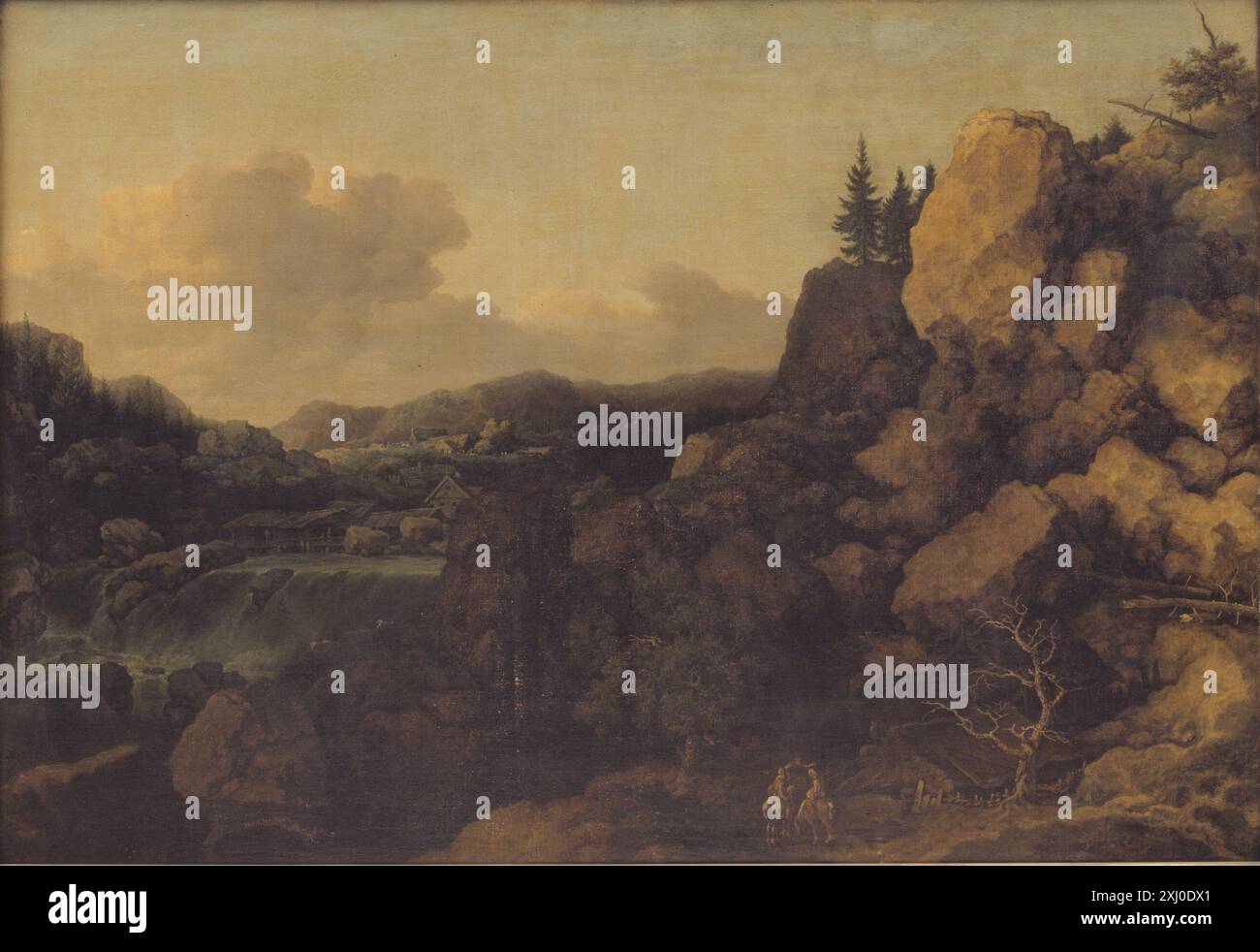 Berglandschaft mit Reiterpaar im Vordergrund Everdingen, Allaert van 1621 - 1675 Gemälde Allart van Everdingen, 1621-1675: Erste Malerin der skandinavischen Landschaft, Alice I. Davies, S. 46 (ca. 1648), 90, 222 Kat. 51, Planche 51, 2001-278, 2001. Allart van Everdingen, Alice I. Davies, S. 125, cat.no. 32, Abb. 102, 63027, 1978. Die Alte Gemäldegaleri in Kopenhagen, Hans Vollmer, S. 558 (om Everdingens billeder i København) Berglandschaft mit Reiterpaar im Vordergrund Stockfoto