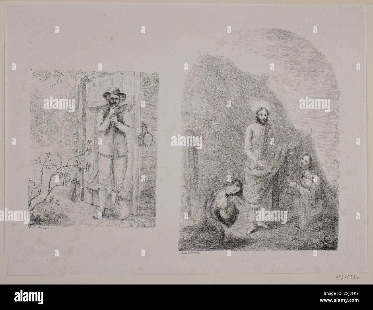 Lithografie mit einem Gärtner und Christus, der Frauen am Grab erscheint, von Lucie Marie Ingemann (1792–1868). Stockfoto