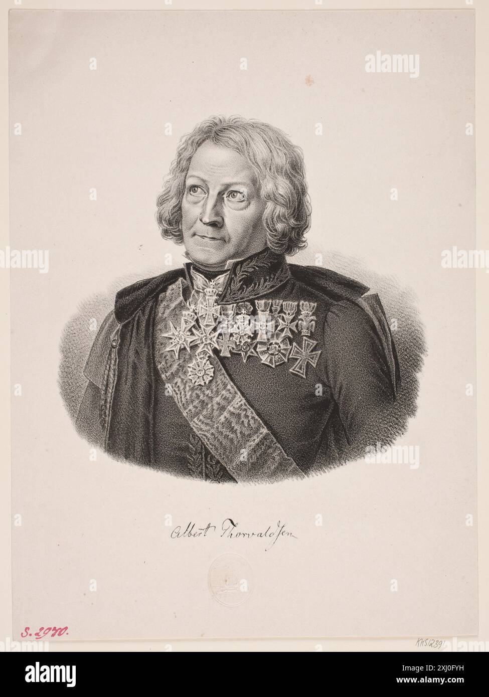 Lithographie von Thorvaldsen von Wilhelm Heuer, C.A. Jensen und C.C. Lose, dokumentiert in Dänisch, Norwegisch, und Holsteinische Porträtsammlungen und katalogisierte Kunstsammlungen markieren Referenzen. Stockfoto