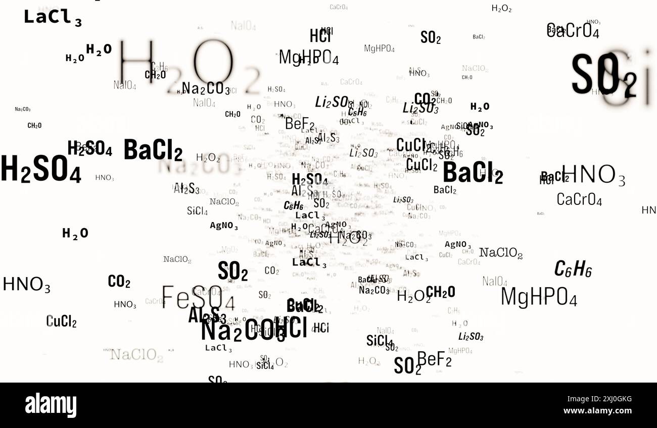 Gruppe verschiedener chemischer Bindungen. Gruppe verschiedener chemischer Bindungen wie Kohlenstoff, Kupfer, Chlor, Hdyrogen, Sauerstoff, Schwefel, Natrium. Molekül, Atom, Element, Wissenschaft, Chemie, Bildung. Img science003s01 Chemical Bonds LOOP Stockfoto