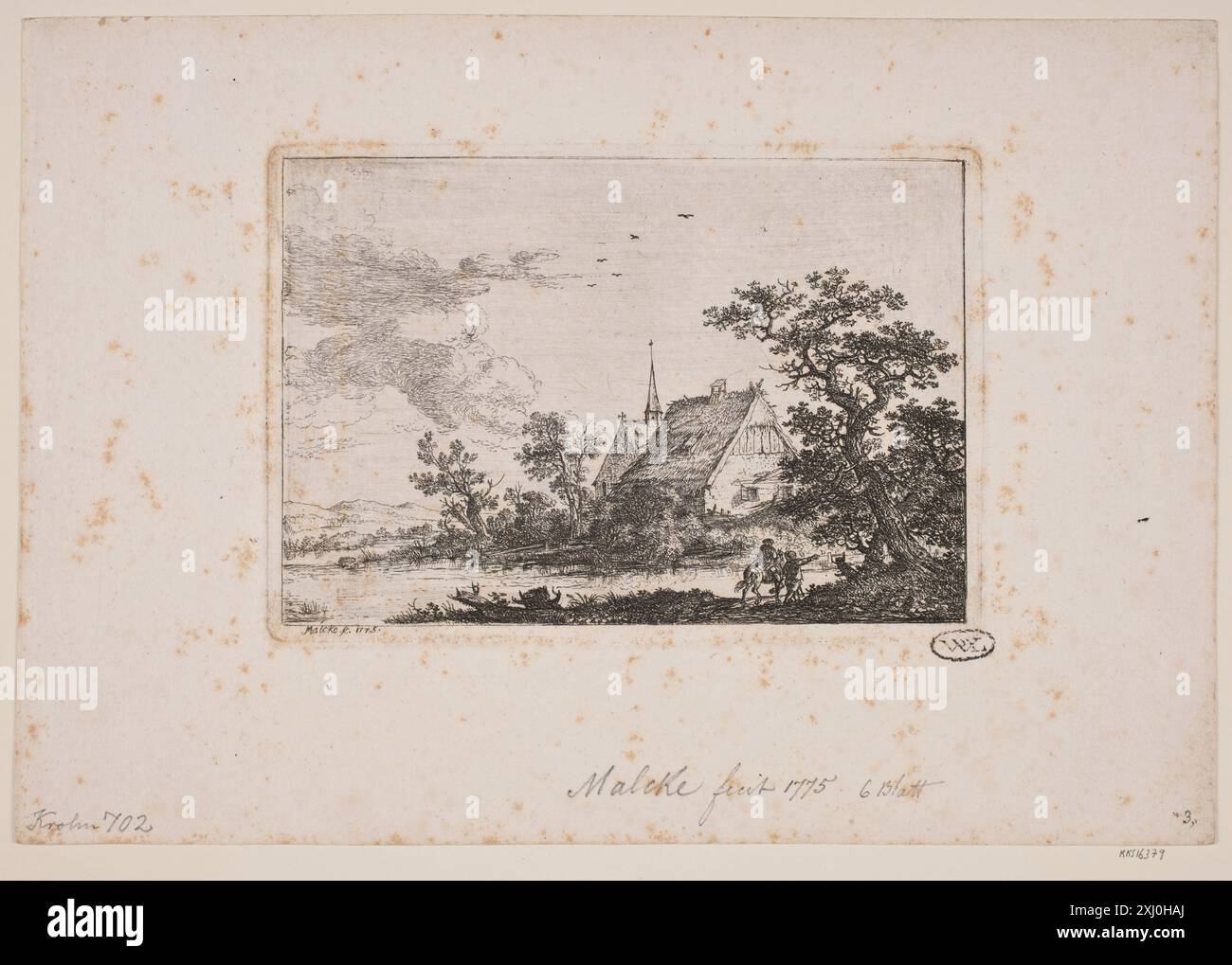 Landschaft mit einer Kirche hinter einem Bauernhaus. Im Vordergrund A Reit and a Walking Person Malgoc, Simon 1745 - 1793 Gravur, Print Samlinger til en beskrivende Fortegnelse over danske kobberstik, raderinger, Illustrationer m. m., Frederik G. Krohn, Nr. 702, D 3448, 1889. Les marques de Collections de dessins & d'estampes: marques estampillées et écrites de Collections particulières et publiques, Frits lugt, Nr. 2644, 7027, 1921-1956 Landskab med en kirke, der ses bag et bondehus. Ich habe en ridende og en gående Person Stockfoto