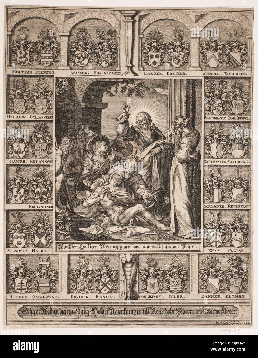 Lazarus' Rettung. Umgeben von Holger Rosenkrantz's ancular Greys, Hans Andreas 1642 - 1656, Müller, Jan Harmensz. 1571 - 1628, Bloemaert, Abraham 1566 - 1651 Kupferstich, Print Samlinger til en beskrivende Catalog over Portraiter af Danske, Norske og Holstenere, A. Strunk, S. 515, 2303, 1865-1882 Lazarus' opvækkelse. Omgivet af Holger Rosenkrantz' Aneskjolde Stockfoto