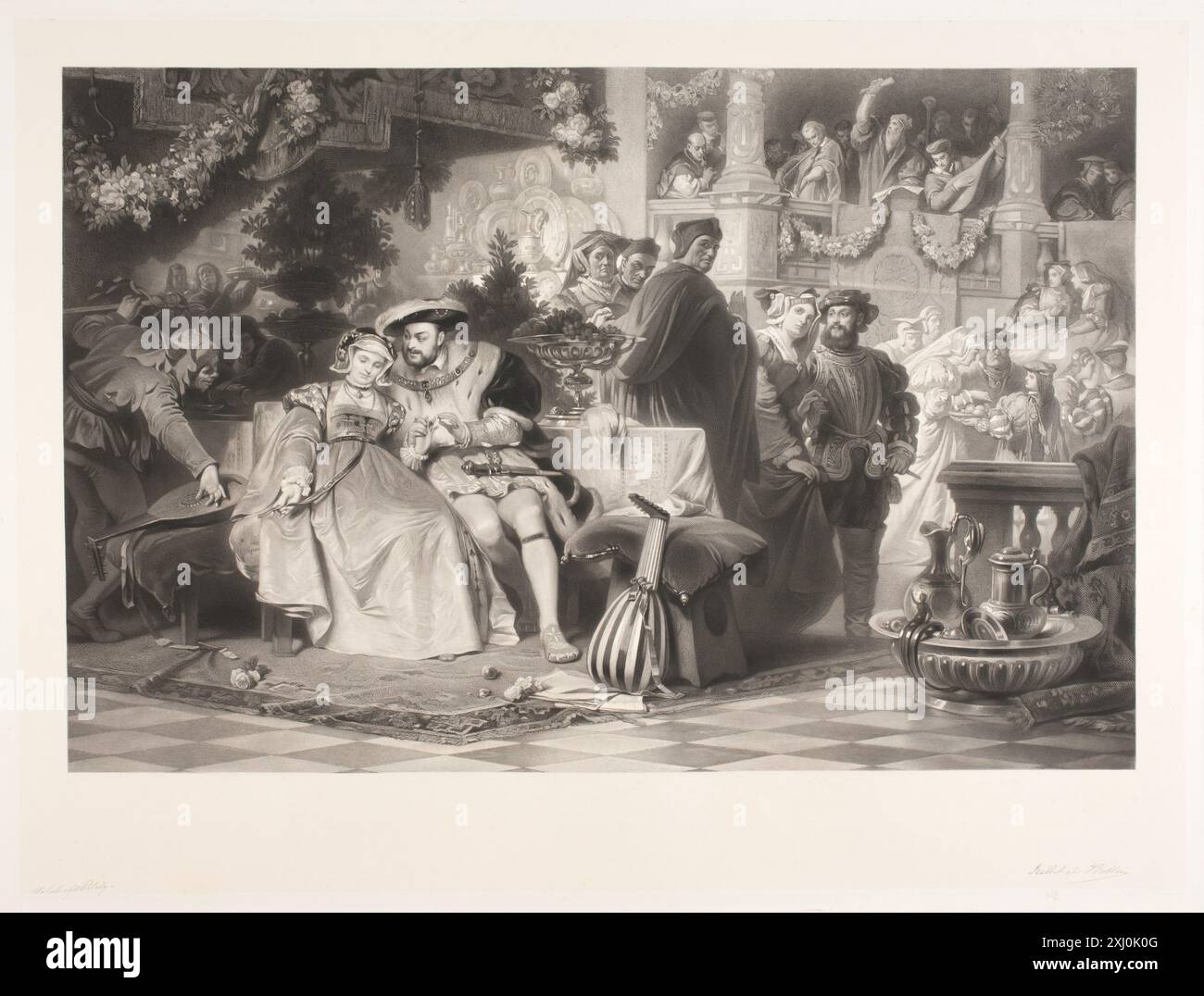 Diese Gravur zeigt König Heinrich VIII. Und Anne Boleyn mit ihren Porträts, Kleidung und historischen Zusammenhängen aus England des 16. Jahrhunderts. Stockfoto