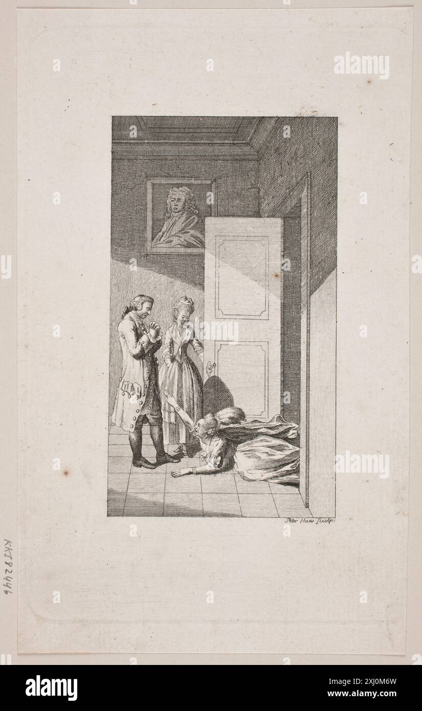Kupferstich von Peter Haas und Daniel Nikolaus Chodowiecki (1754-1804; 1726-1801) mit einer Vignette zu „Sophies Reise von Memel nach Sachsen“, die detaillierte Linienarbeit und künstlerische Komposition zeigt. Stockfoto