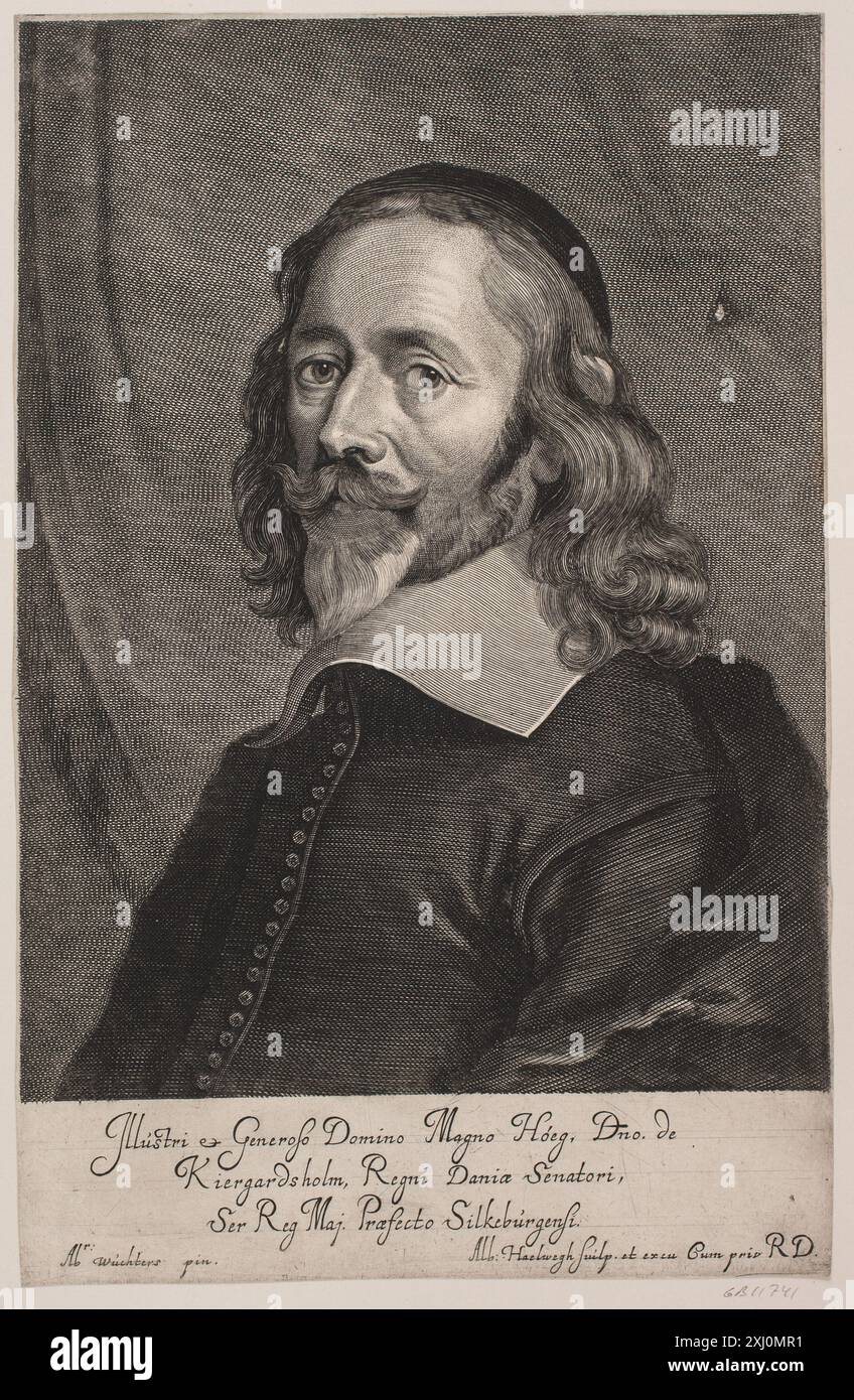 Mogens Høg Haelwegh, Albert 1598 - 1673, Wuchters, Abraham 1608 - 1682 Kupferstich, Druck Kobberstikkeren Albert Haelwegh, Jørgen Sthyr, Nr. 168-180; omt. S. 38-40, 14099, 1938. Geschichte der königlichen Kupferstichsammlung zu Copenhagen: ein Beitrag zur Geschichte der Kunst und Ergänzung der Werke von Bartsch und Brulliot, Baron C.F. von Rumohr, Nr. 58, 14269, 1835. Hollsteins niederländische und flämische Radierungen, Stiche und Holzschnitte 1450-1700 (Band VIII), Goltzius - Heemskerck, F.W.H. Hollstein, Nr. 58, C 38945, 1953. Danske portrætter i kobberstik, litografi og træsnit: en beskrivende fort Stockfoto