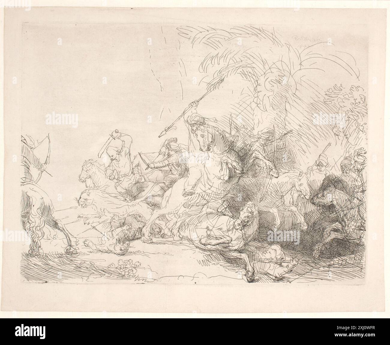 Ein Gravur von Rembrandt van Rijn, der eine große Löwenjagd darstellt, die Löwen, Jäger und dynamische Action zeigt. Stockfoto