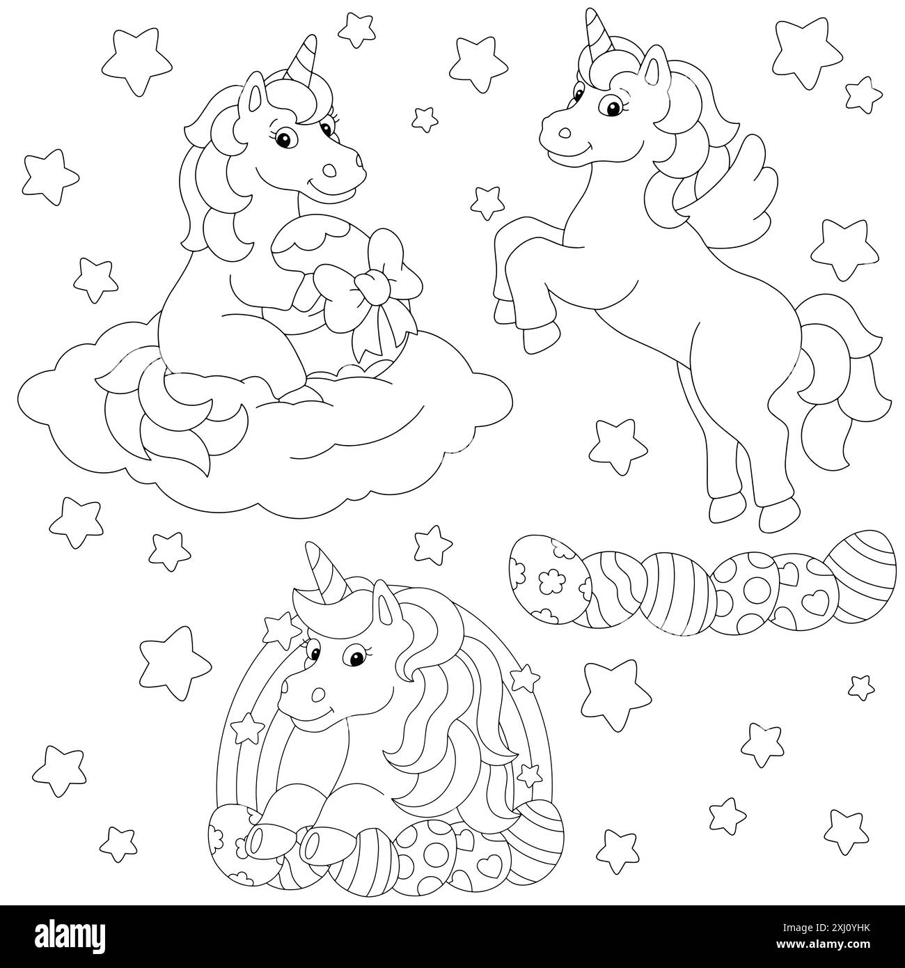 Festliche Ostereinhörner. Malbuch-Seite für Kinder. Figur im Cartoon-Stil. Vektorillustration isoliert auf weißem Hintergrund. Stock Vektor