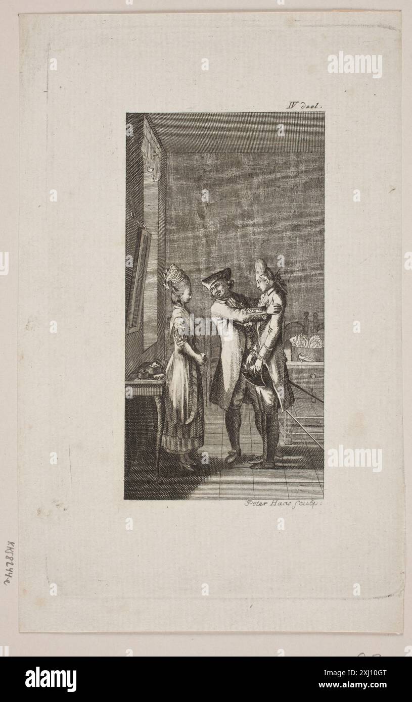 Kupferstich von Peter Haas und Daniel Nikolaus Chodowiecki (1754–1804; 1726–1801) als Vignette für „Sophies Reise von Memel nach Sachsen“ mit kompositorischen Details und Linienarbeiten. Stockfoto