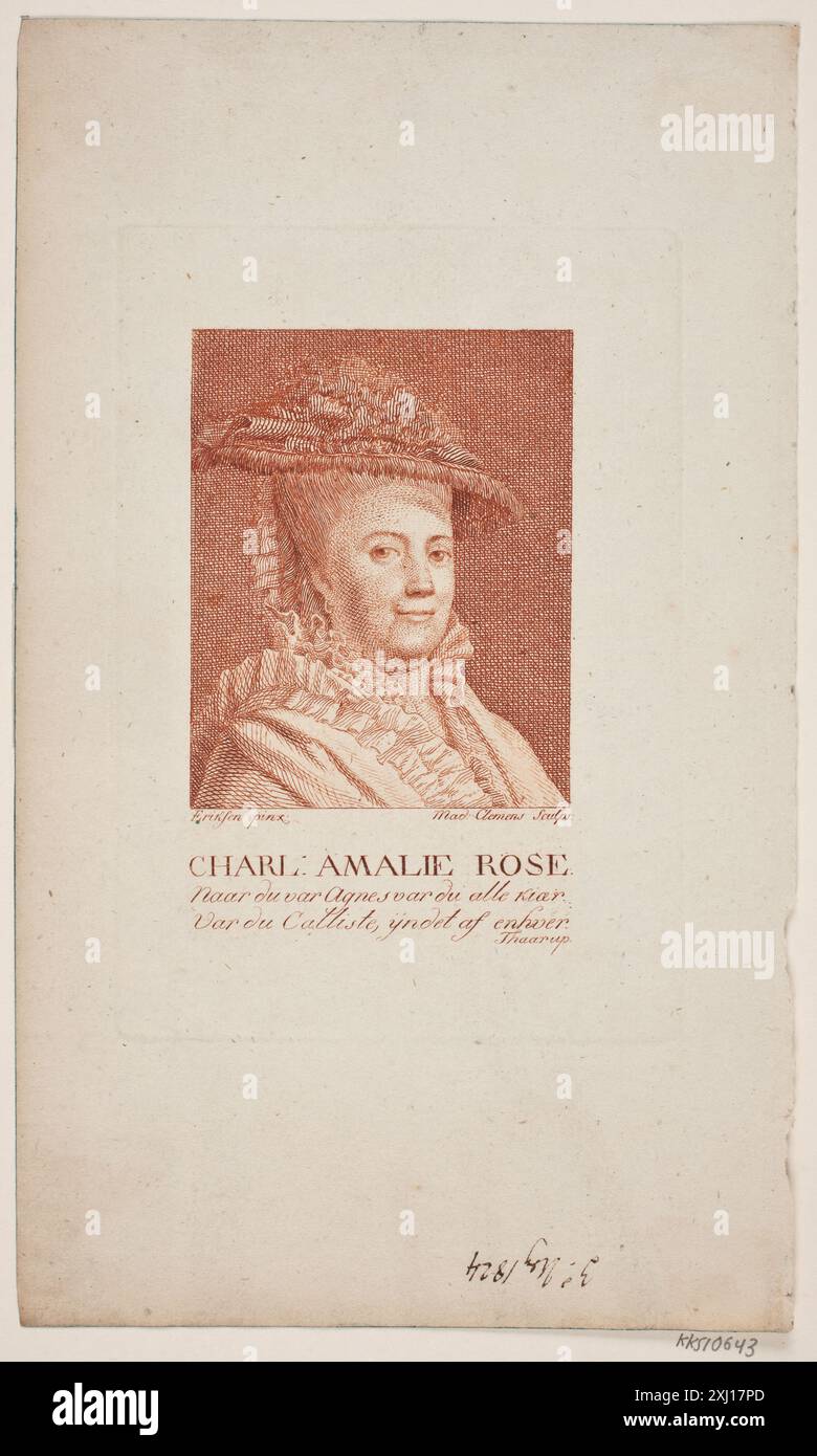 Kupferstich von Marie Jeanne Clemens mit der Darstellung von Charlotte Amalie Rose, aufgenommen in J.F. Clemens' Biografie und Katalog der Stiche, Teil dänischer Porträtsammlungen mit Stichen, Lithografien und Holzschnitten, aufgenommen von P.B.C. Westergaard zwischen 1930 und 1933. Stockfoto