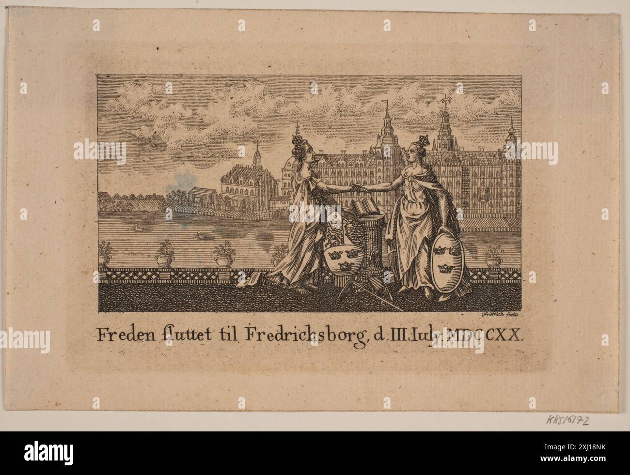Kupferstich von Johann Gottlieb Friedrich zur Darstellung des Friedensschlusses in Frederiksborg, Teil von Frederik G. Krohns dänischer Drucksammlung von 1742 bis 1809. Stockfoto