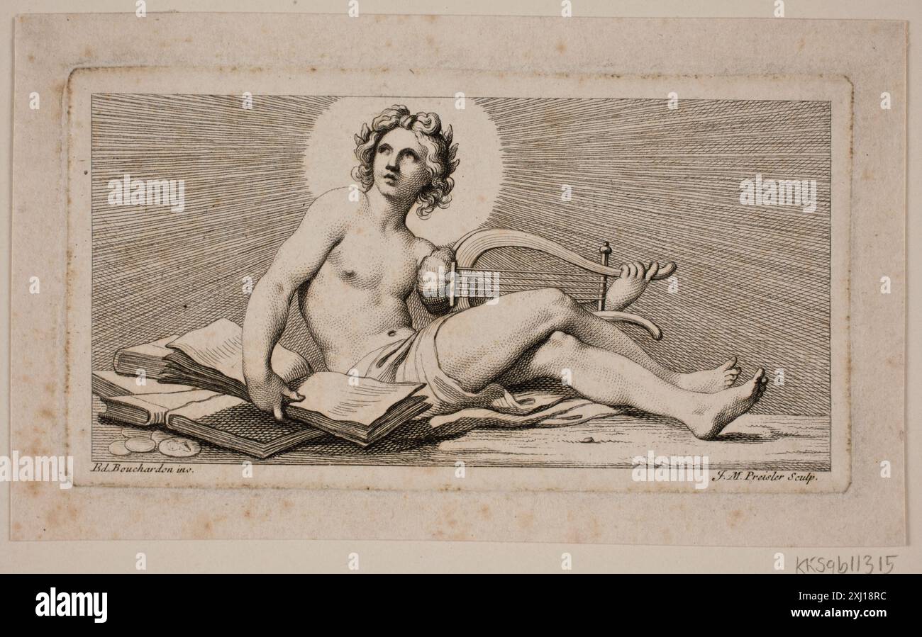 Vignette. Ein sitzender apollo mit der Harfe Preisler, Johan Martin 1715 - 1794, Bouchardon, Edmé 1698 - 1762 Ätzen, Print Vignet. EN siddende Apollo med Harpen Stockfoto
