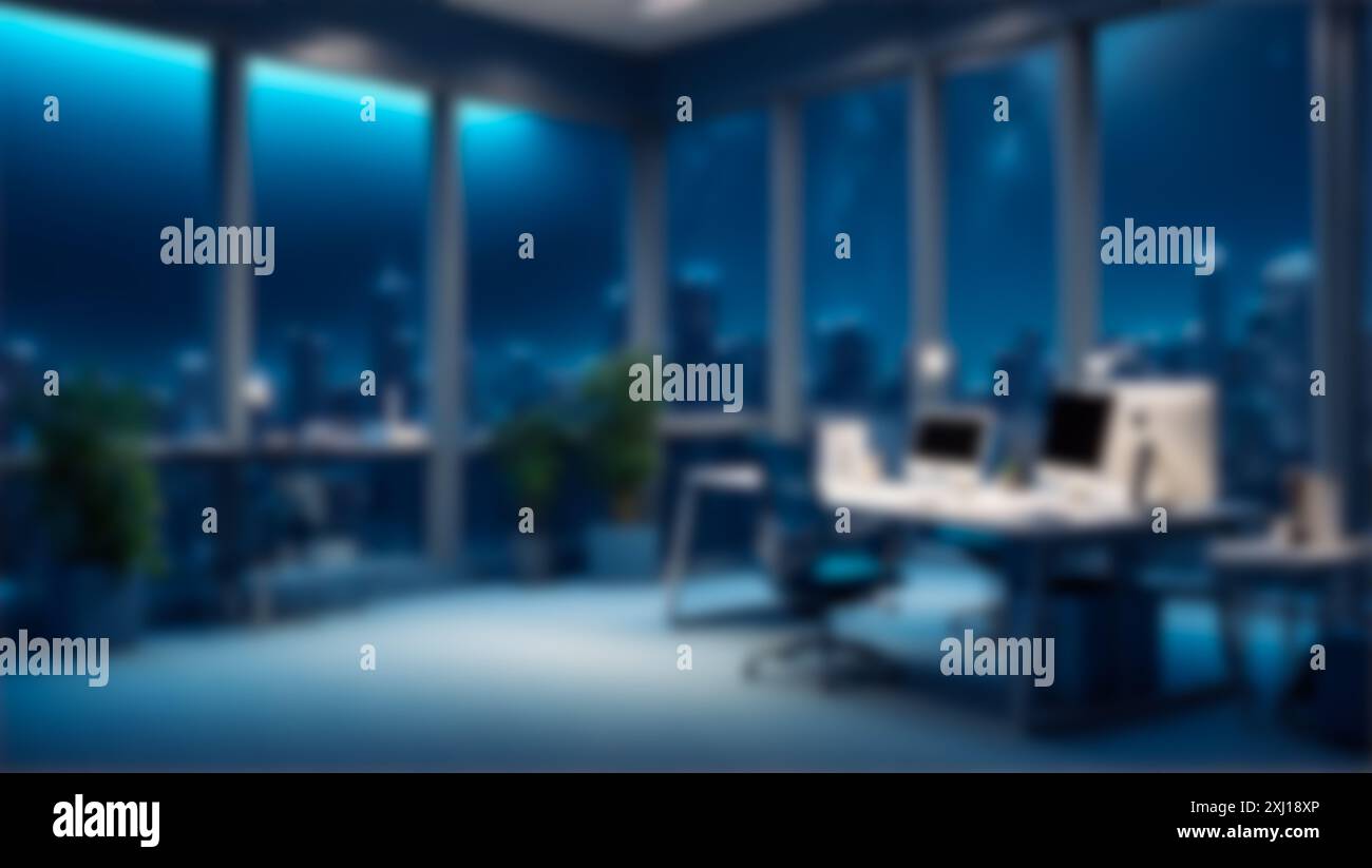 Geschäftskonzepte und Arbeitsbereich. Verschwommener Hintergrund einer modernen Büroeinrichtung mit riesigen Fenstern mit Blick auf die Stadt bei Nacht. Moderne Geschäftseinrichtung Stockfoto