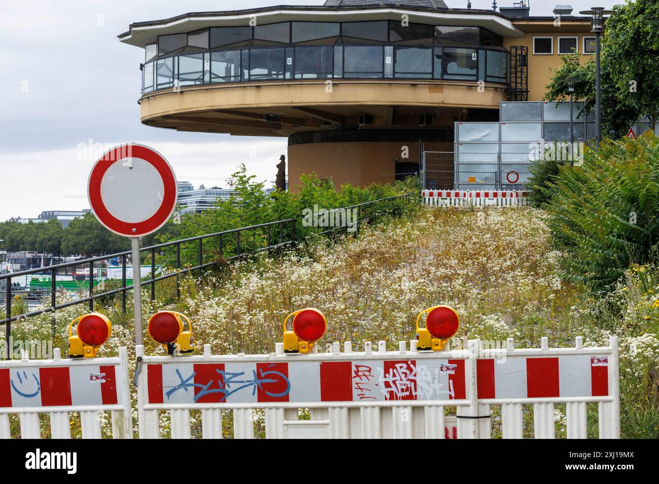 Pflanzen wachsen aus den Gelenken im Kopfsteinpflaster einer langen geschlossenen Rampe bis zum Rheinufer an der Bastei in Köln. Pflanzen wachsen au Stockfoto