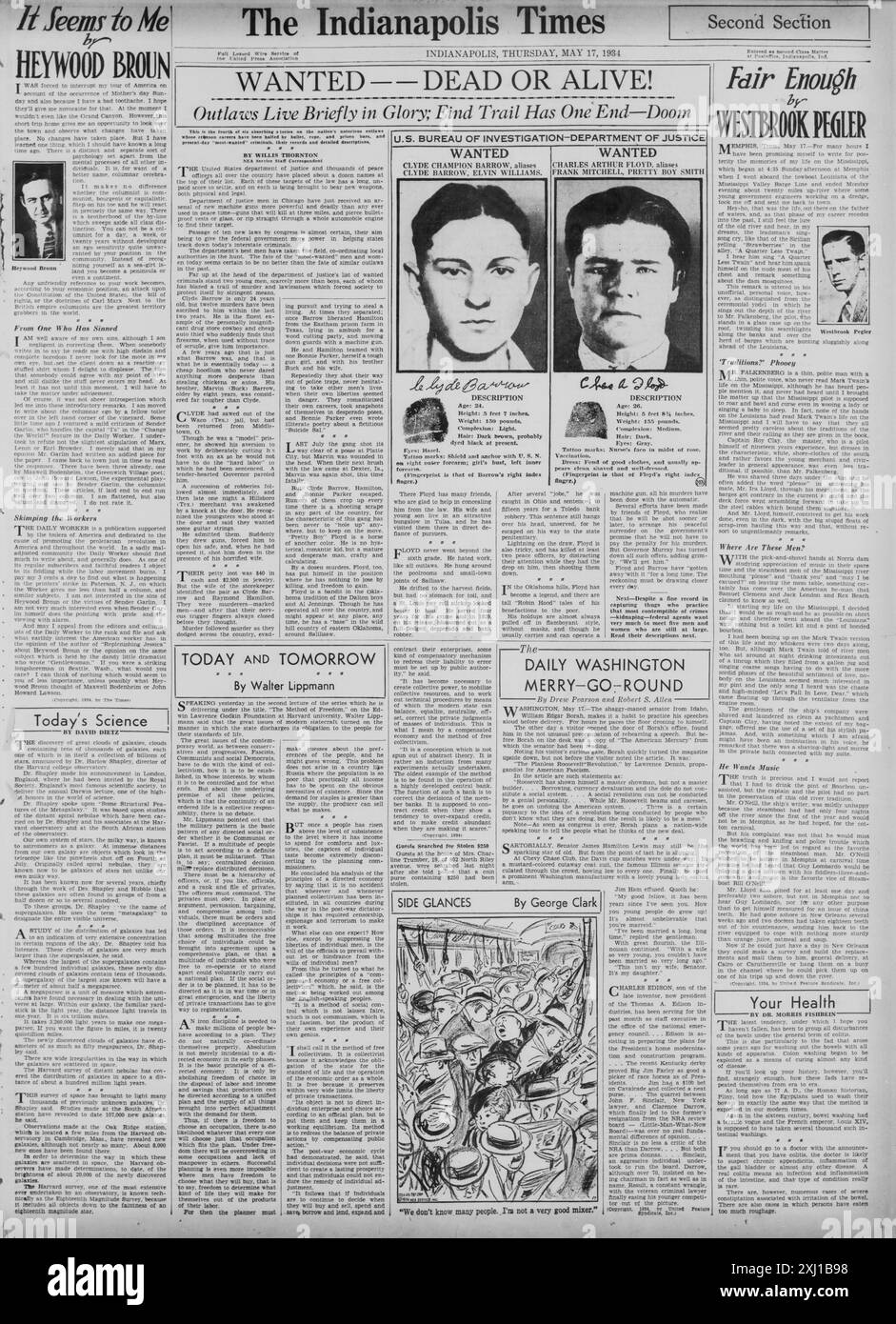 Die Indianapolis Times. 17. Mai 1934: Feat Wanted: Clyde Barrow (Bonnie und Clyde) und Charles Arthur Floyd Stockfoto