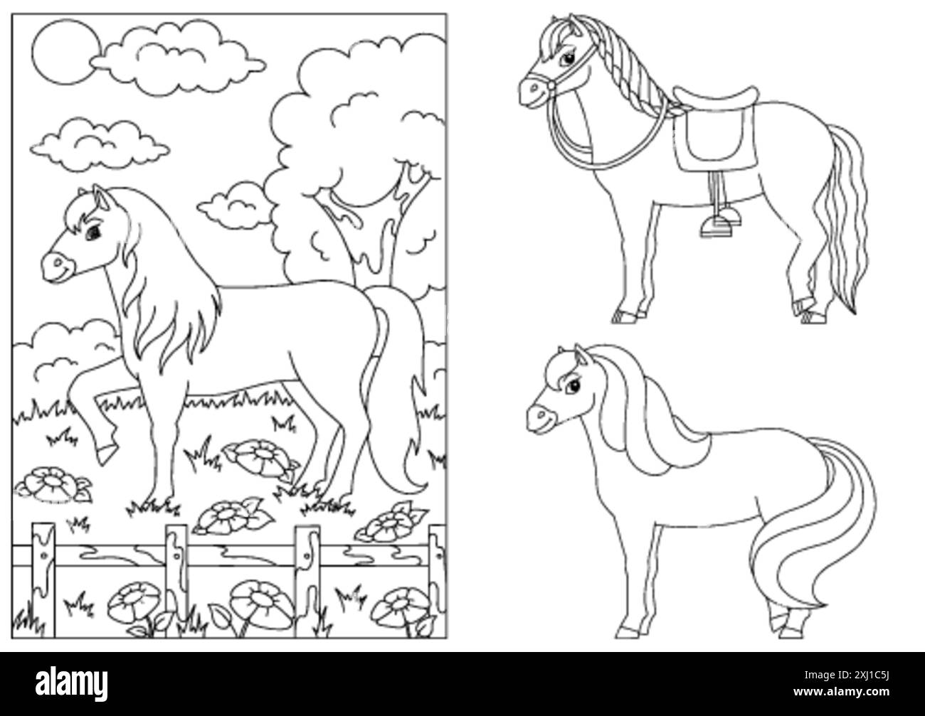 Niedliches Pferd. Nutztier. Malbuch Seite für Kinder. Cartoon-Stil. Vektordarstellung auf weißem Hintergrund isoliert. Stock Vektor