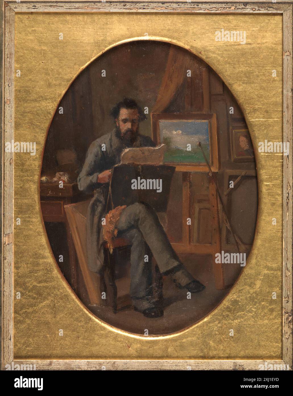 Ein Maler in seinem Atelier. Der Künstler Selbst (?) Jacobsen, David 1821 - 1871 Gemälde Weilbachs Kunstnerleksikon: I-III, Ubekendt, Bd.. 2, S. 16 (Jørgen B. Hartmann, Datensatz 1860), S. 590 (Meir Stein, angivet som portræt af Pissarro)., 87-627, 1947-1952. Ensom og glemt - i Firenze, Kasper Monrad, S. 51., 2007. David Jacobsen i Paris, Jette Kjærboe, S. 92 (Abb. 7), 94, 104 Note 85. Dansk Kunst 1885-1915: Kunstforeningen 16.januar-15.februar 1976, Ubekendt, Katalog ved Jette Kjærboe. Kat. 43 ('Camille Pissarro i et atelier')., S 10938, 1976 Ein Maler in seinem Atelier. Der Künstler Selbst (?) Stockfoto