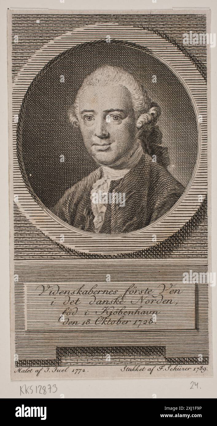 P. F. Suhm Schüerer, F. 1700 - 1750, Juel, Jens 1745 - 1802 Kupferstich, Print Danske portrætter i kobberstik, litografi og træsnit: en beskrivende fortegnelse, P.B.C. Westergaard, 11559, C 3997:1-2 da, 1930-1933. Les marques de Collections de dessins & d'estampes: marques estampillées et écrites de Collections particulières et publiques, Frits lugt, 7027, 1921-1956. Samlinger til en beskrivende Catalog Over Portraiter af Danske, Norske og Holstenere, A. Strunk, 2832, 2303, 1865-1882 P. F. Suhm Stockfoto